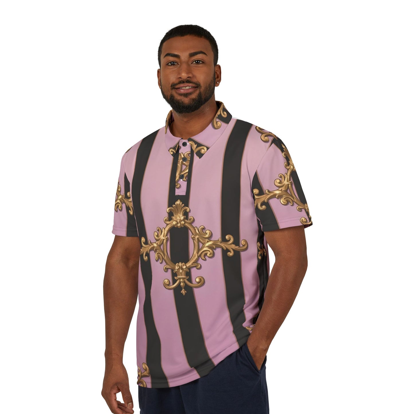 Chic Baroque Unisex Polo Shirt, Fashion Polo, Trendy Summer Wear, Stylish Casual Shirt - Matte Lavender & Black Striped Gold Baroque