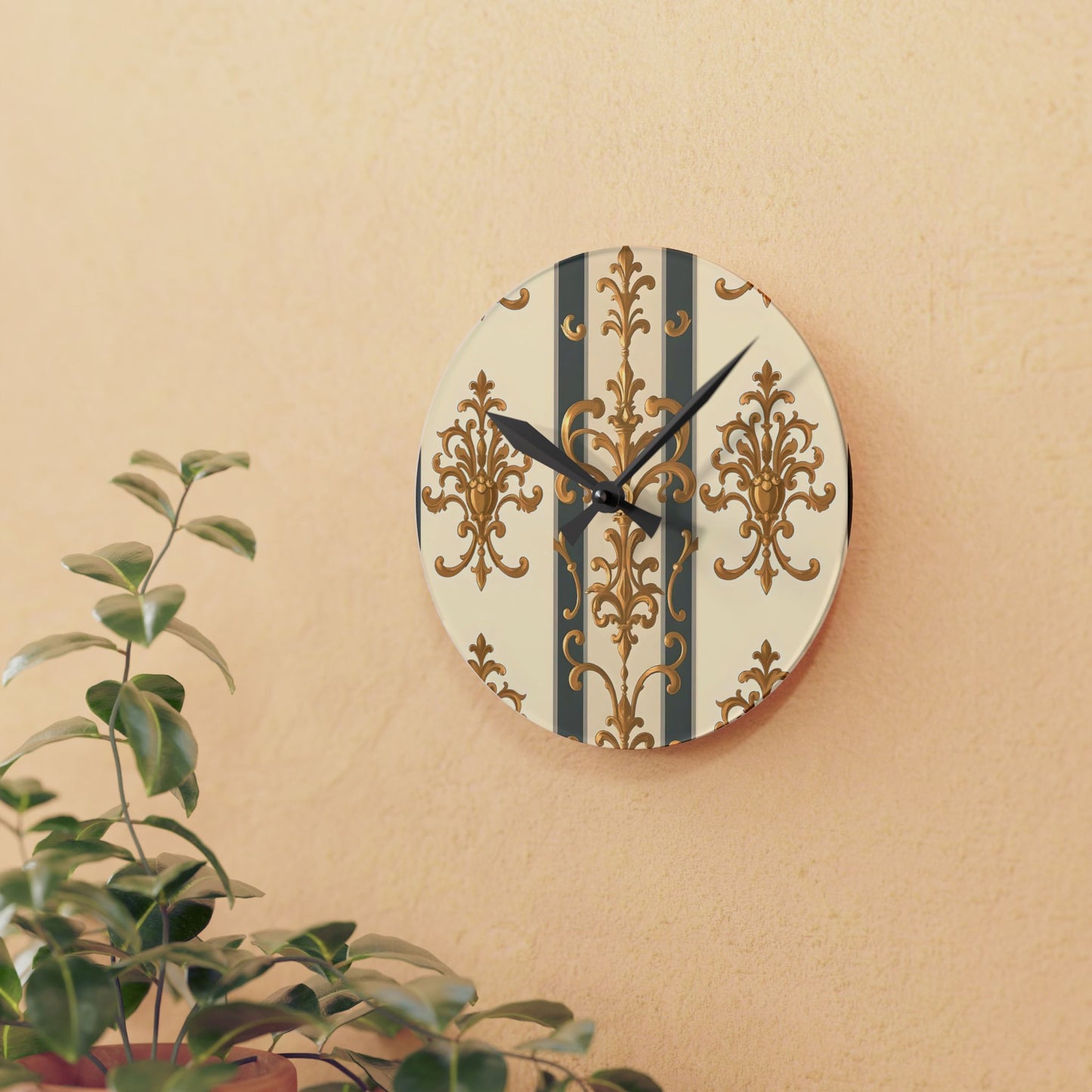 Bohemian Damask-Inspired Acrylic Wall Clock with Floral Design - Dusk Olive Striped Gold Damask