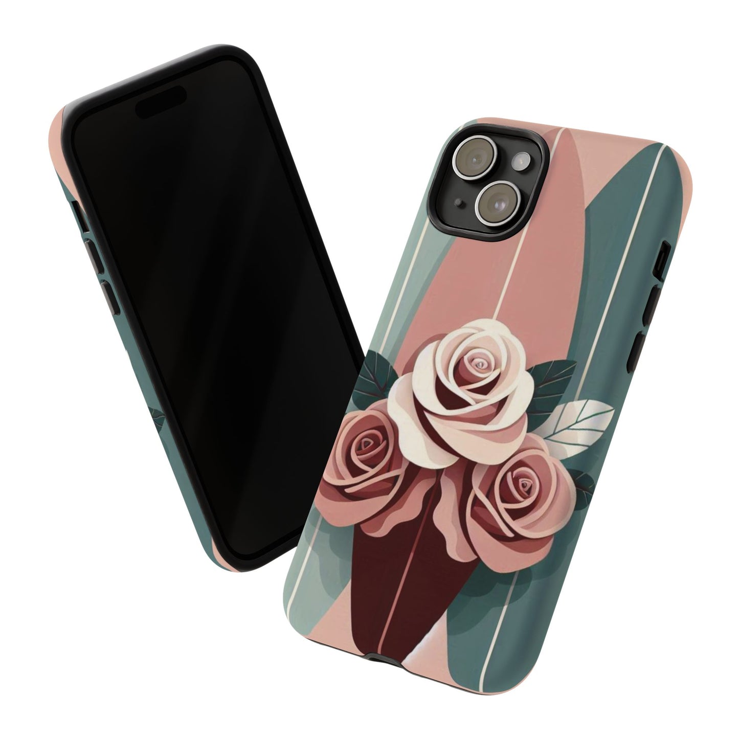 Phone Case - Burgundy, Matte Mauve & Teal Surfboard & Roses Design