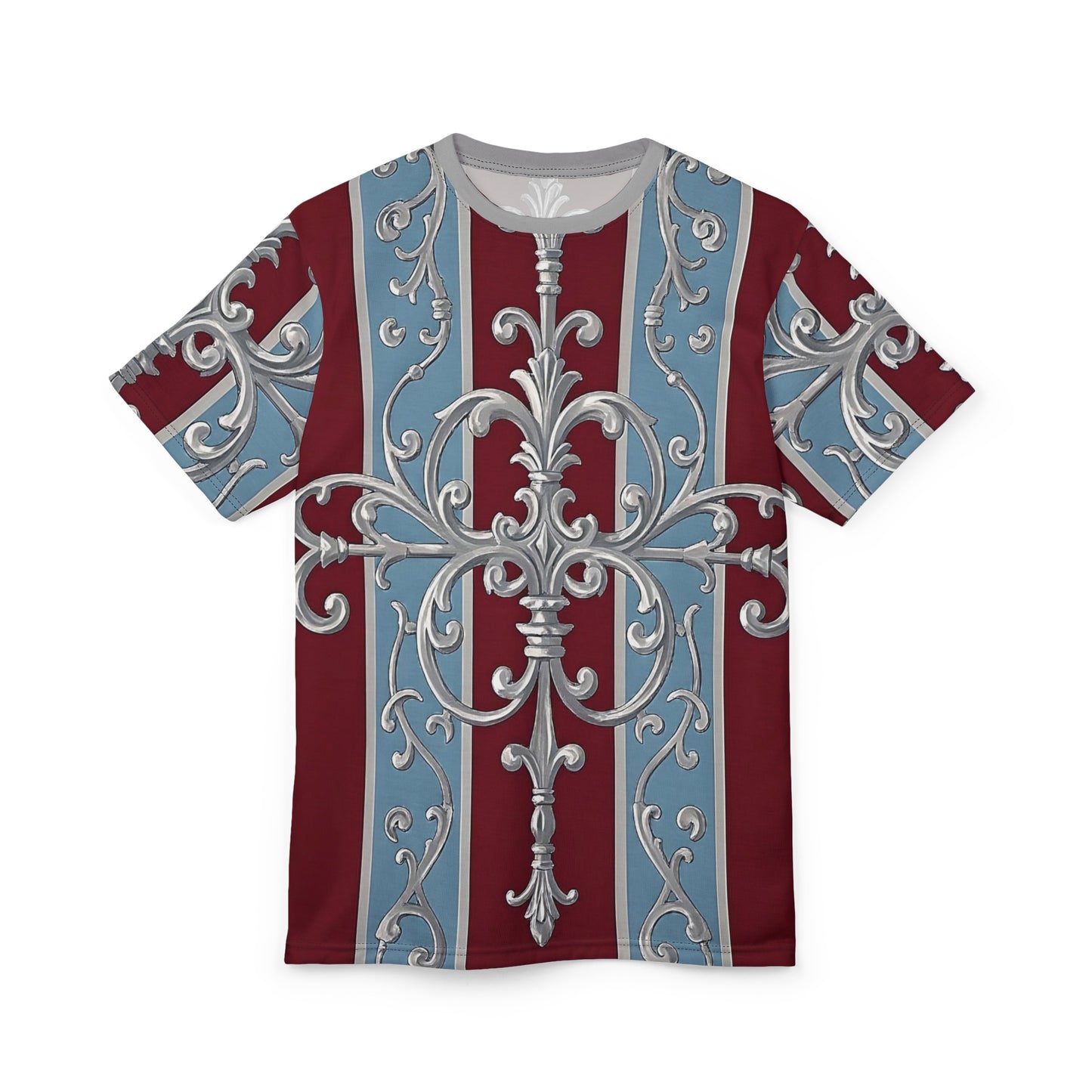 Regal Pattern Unisex Cut & Sew Tee - Elegant Floral Design Shirt for Fashion Lovers - Ice Blue & Burgundy Striped Baroque