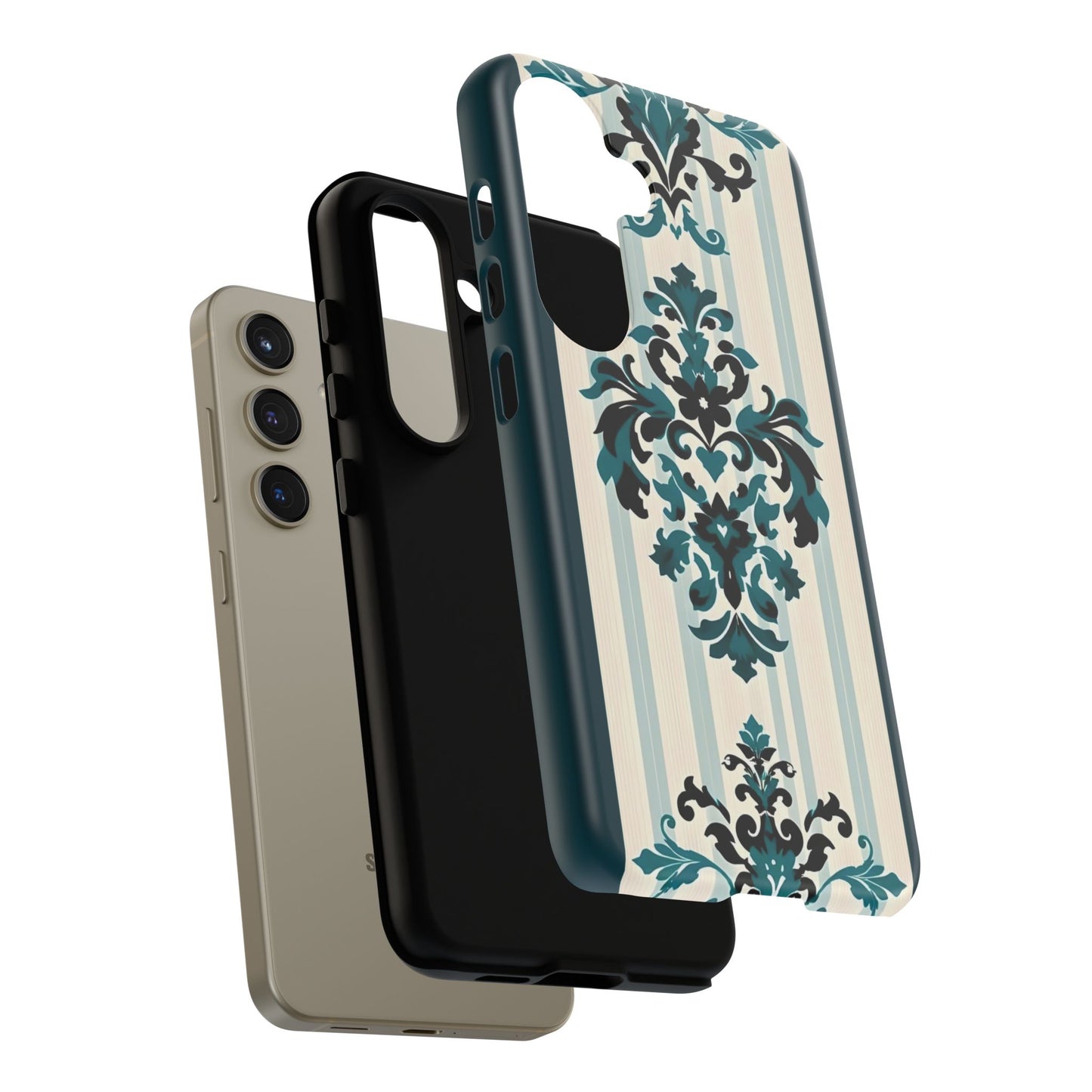 Elegant Floral Phone Case - Tough Cases with Vintage Design - Teal Striped Damask