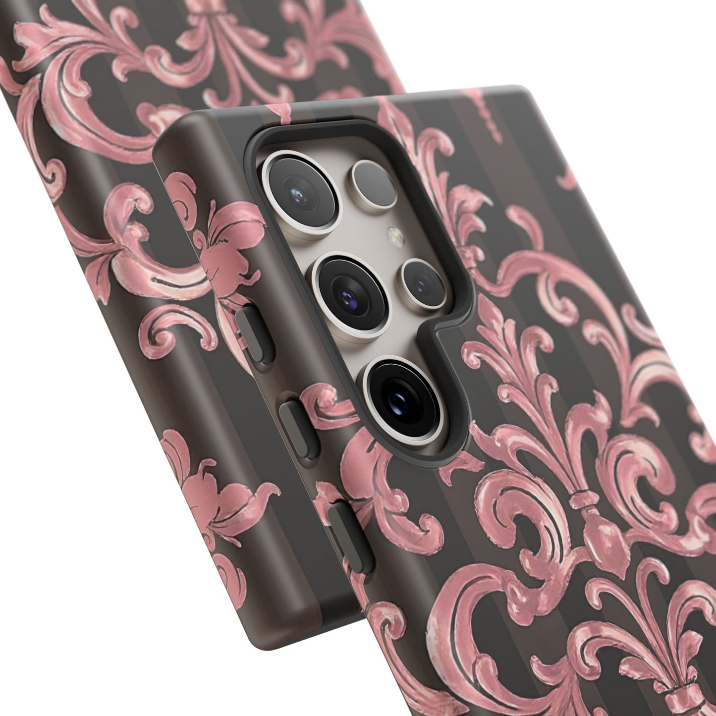Elegant Floral Motif Phone Case - Tough Cases with Vintage Design - Brown Striped Mauve Damask