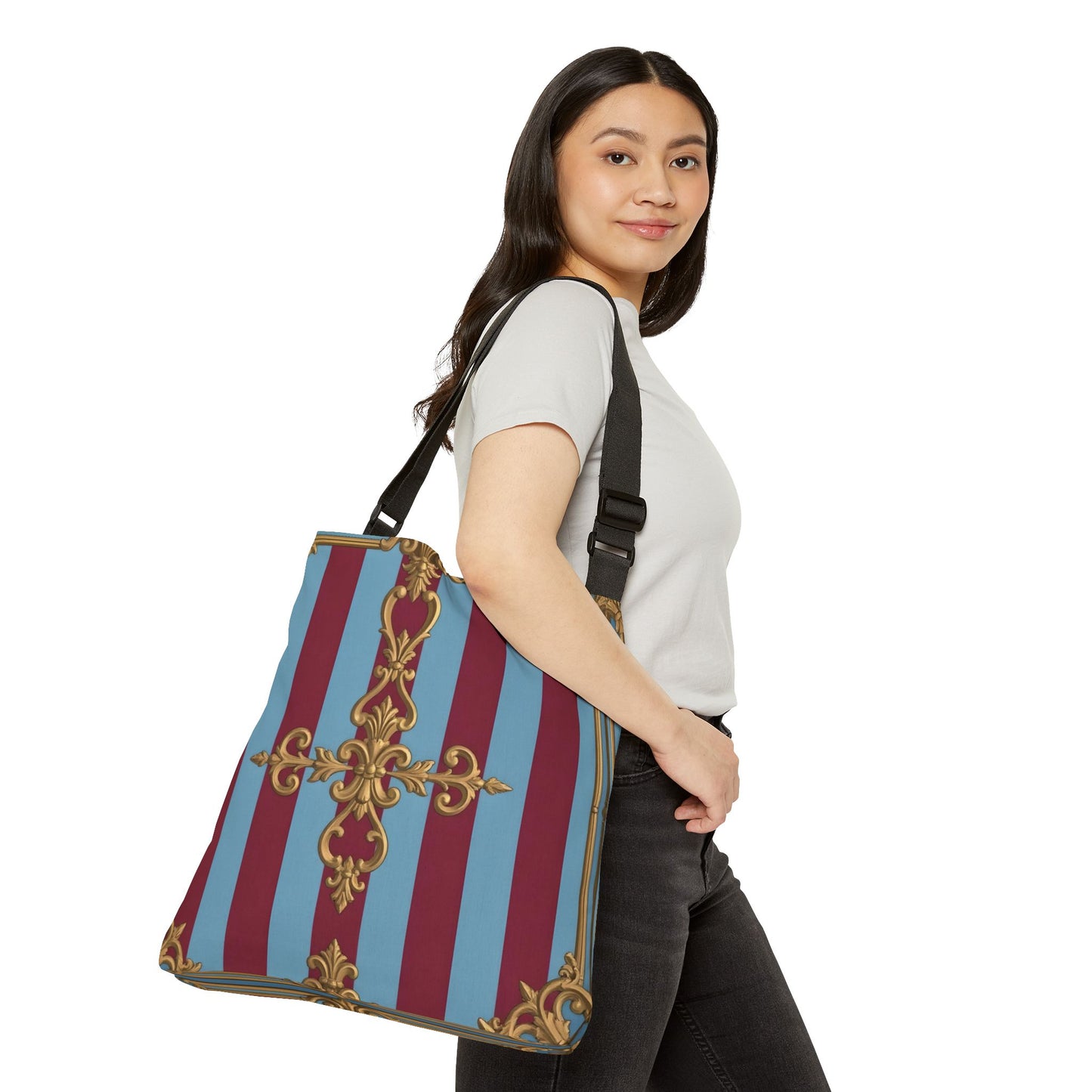 Elegant Adjustable Tote Bag, Stylish Shopping Bag, Chic Messenger Bag, Fashionable Tote for Everyday Use - Sky Blue & Maroon Striped Baroque