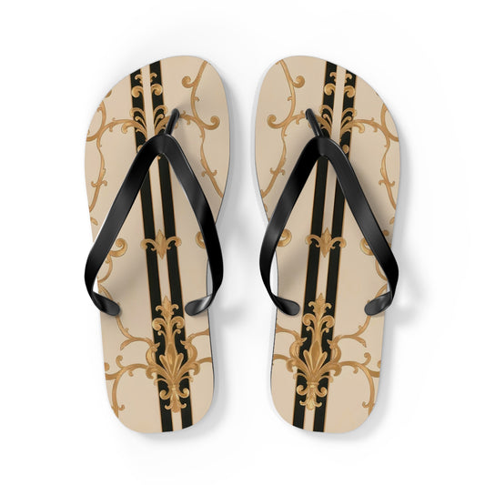 Chic Floral Flip Flops | Stylish Summer Sandals for Beach, Pool, Vacation, Travel, Fun In The Sun - Black & Beige Striped Damask