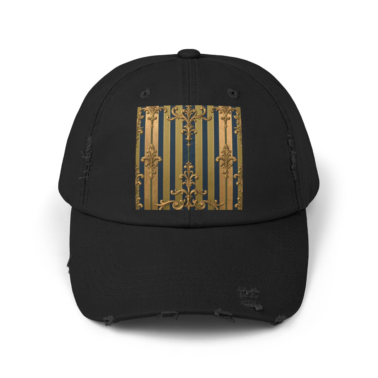 Stylish Midnight Blue & Olive Striped Gold Baroque Unisex Distressed Cap with Elegant Gold Accent, Fashionable Hat for Casual Days, Gift for Birthdays