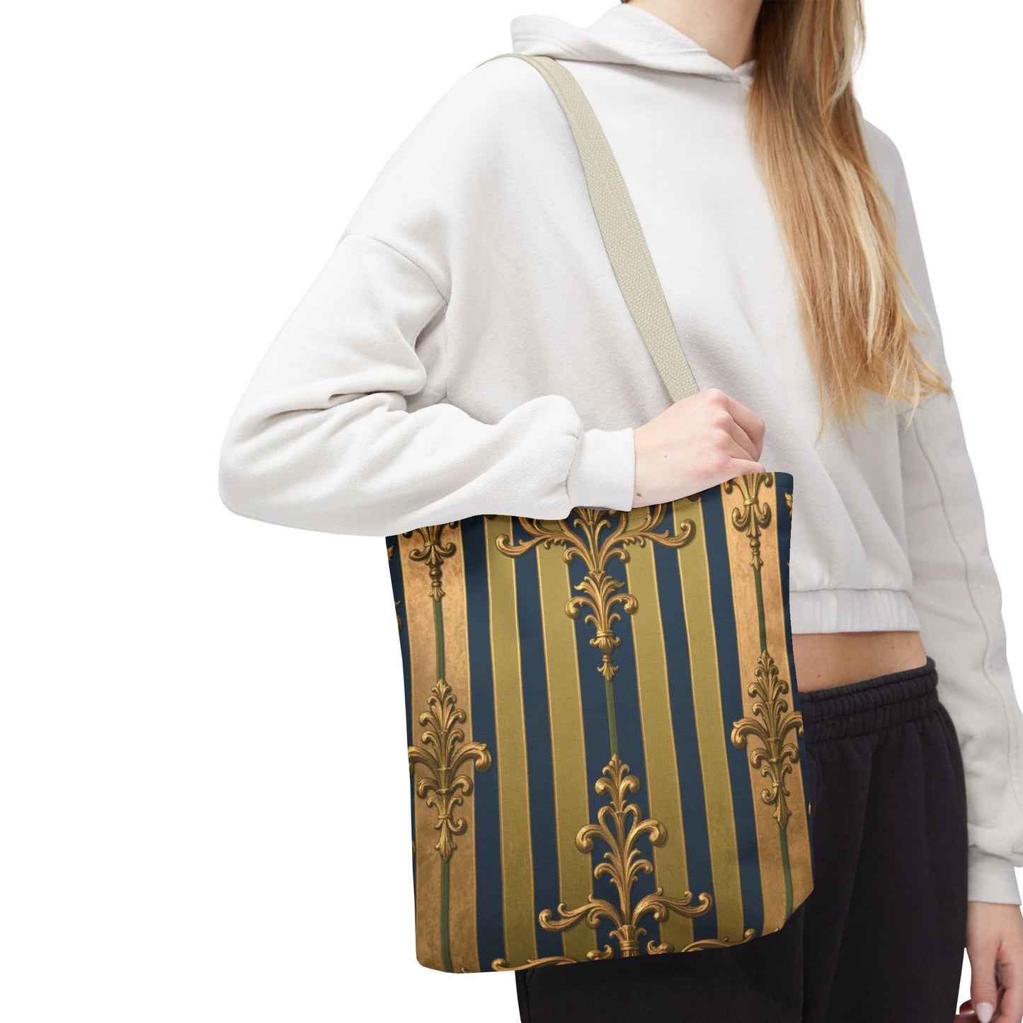 Elegant Midnight Blue & Olive Striped Gold Baroque Golden Striped Tote Bag, Stylish Shopping Bag, Trendy Handbag, Chic Gift for Her