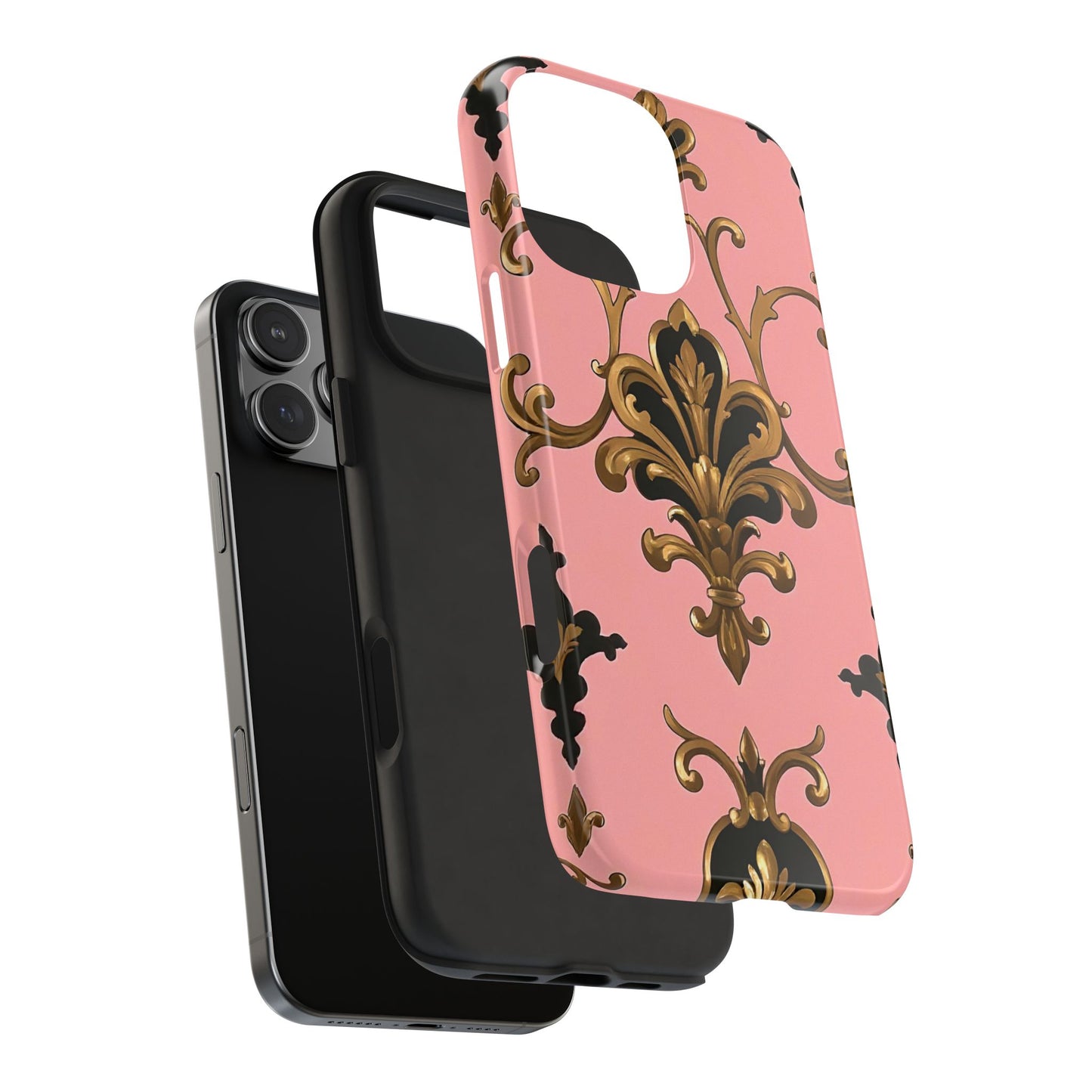 Chic Tough Phone Cases with Floral Design, Elegant Phone Cover, Durable Smartphone Case, Stylish Tech Accessory - Pink, Black & Gold Rococo