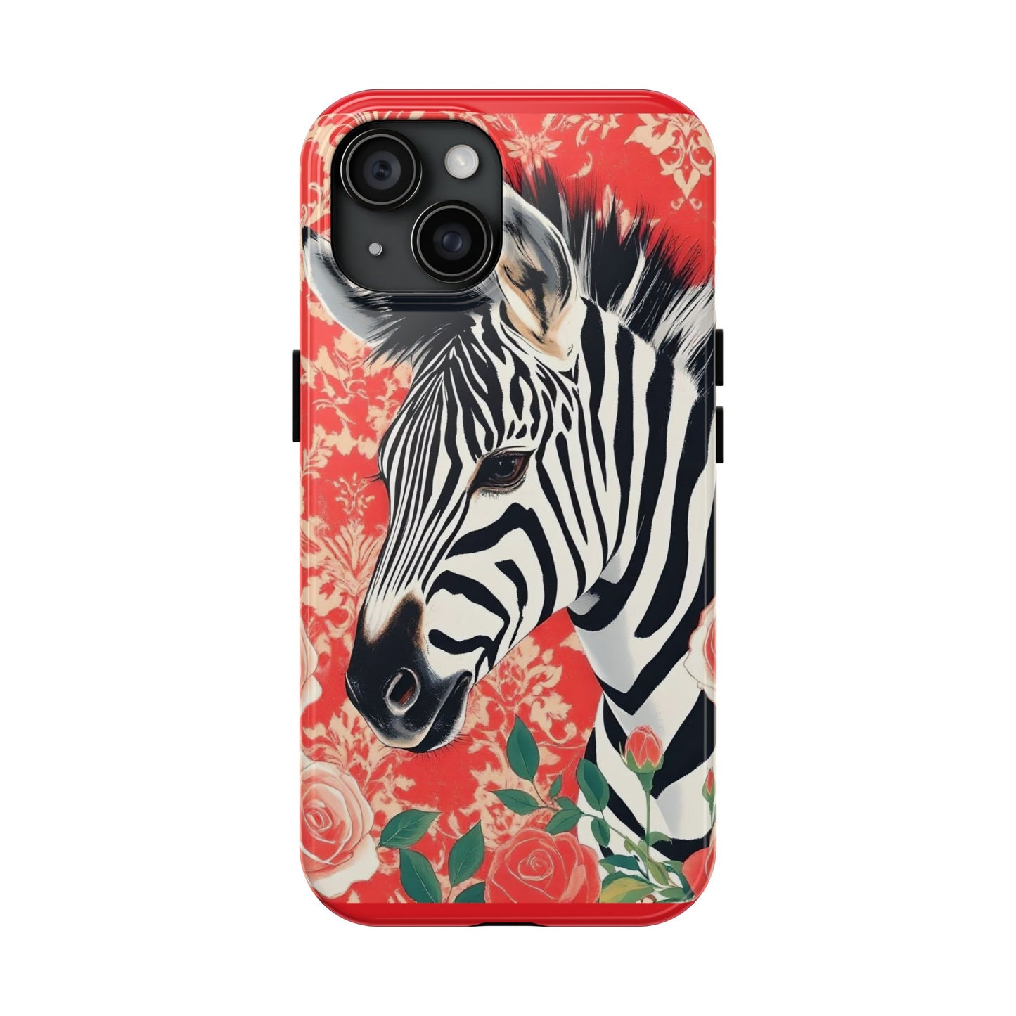 Zebra Tough Phone Case - Trendy Floral Design for Animal Lovers - Zebra With Coral Roses & Damask