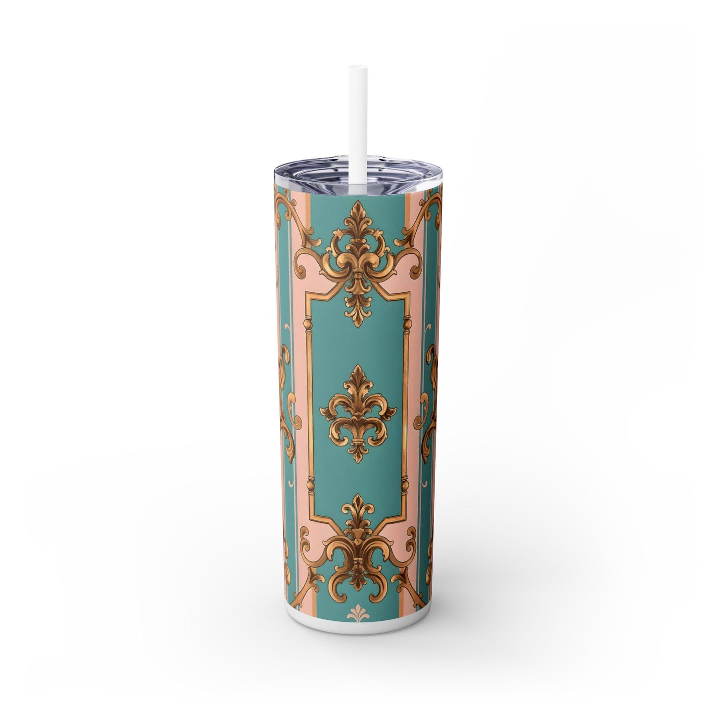 Elegant Floral Skinny Tumbler, 20oz Travel Mug, Stylish Drinkware, Perfect Gift for Her, Vintage Inspired - Pink & Matte Turquoise Striped Rococo