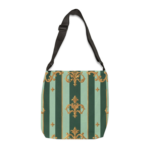 Elegant Floral Adjustable Tote Bag, Stylish Eco-Friendly Purse, Versatile Carry-All for Daily Use - Mint Green & Teal Striped Gold Baroque