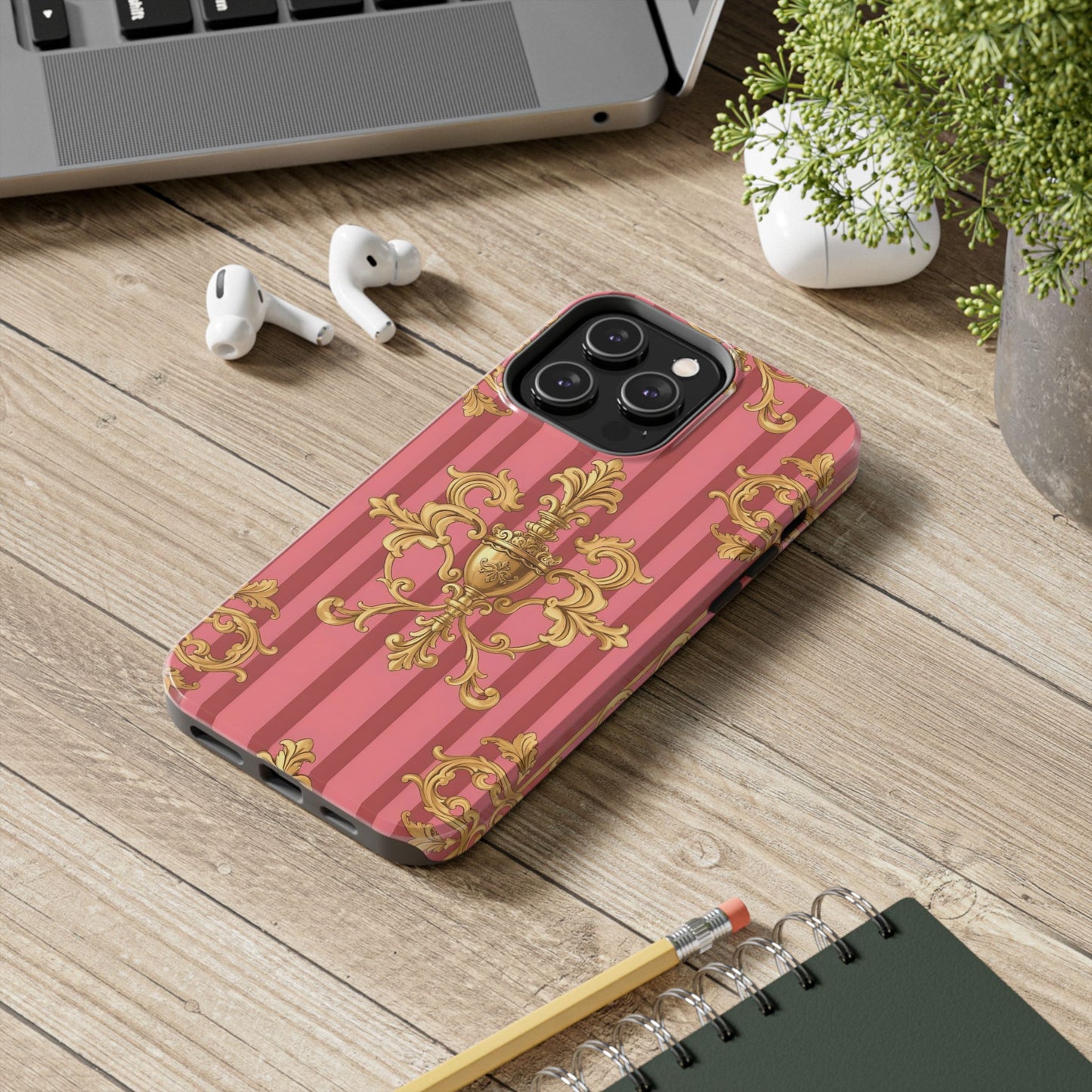 Elegant Baroque Tough Phone Cases, Durable Phone Cover, Stylish Accessory, Gift for Any Occasion - Pink Striped Gold Baroque