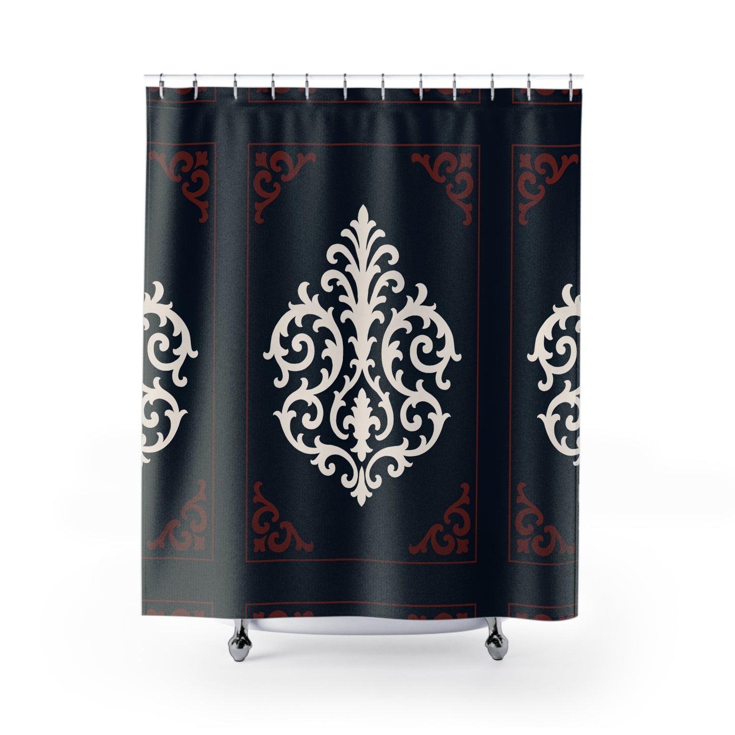 Dusk Blue-Maroon & White Baroque Shower Curtain — Elegant Dusk Blue & White Classic Bathroom Decor