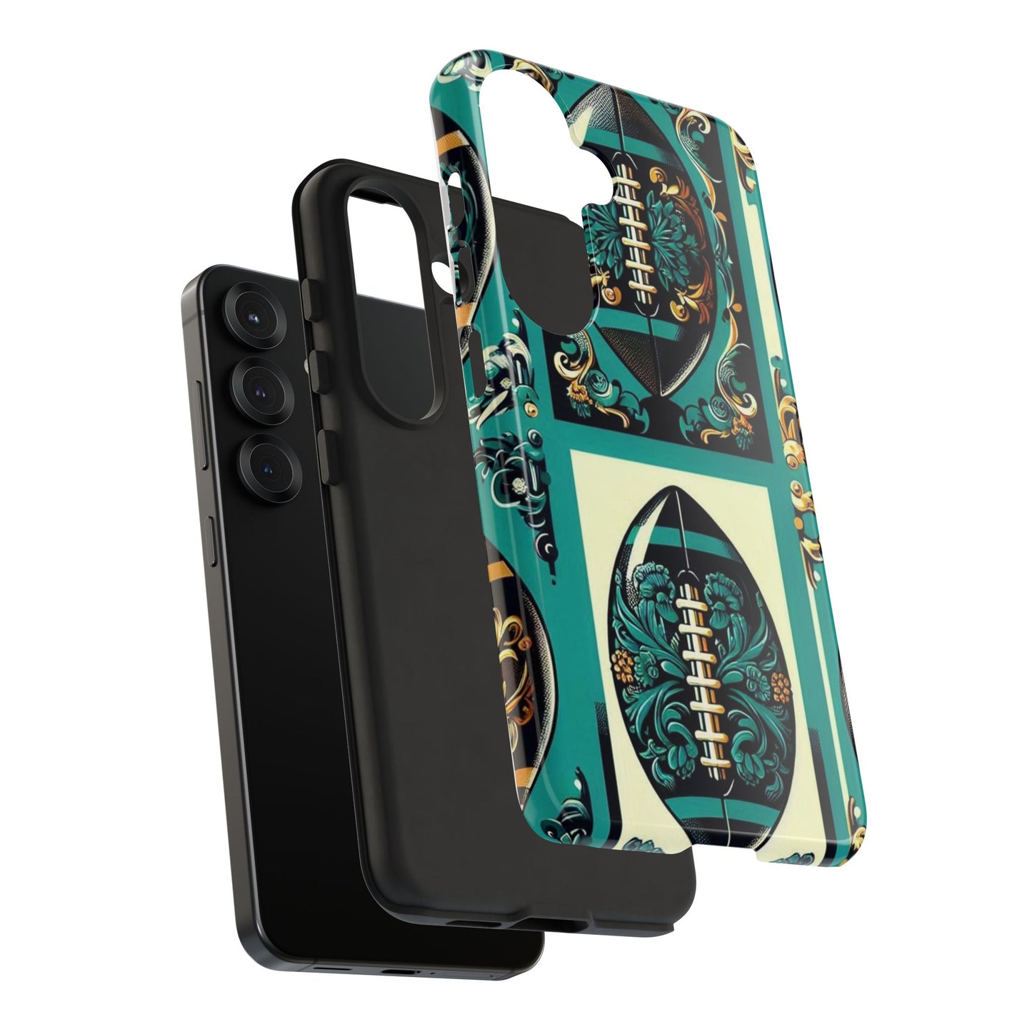 Elegant Floral Motif Phone Case - Tough Cases with Vintage Design -  Damask Teal, Gold & Black Footballs