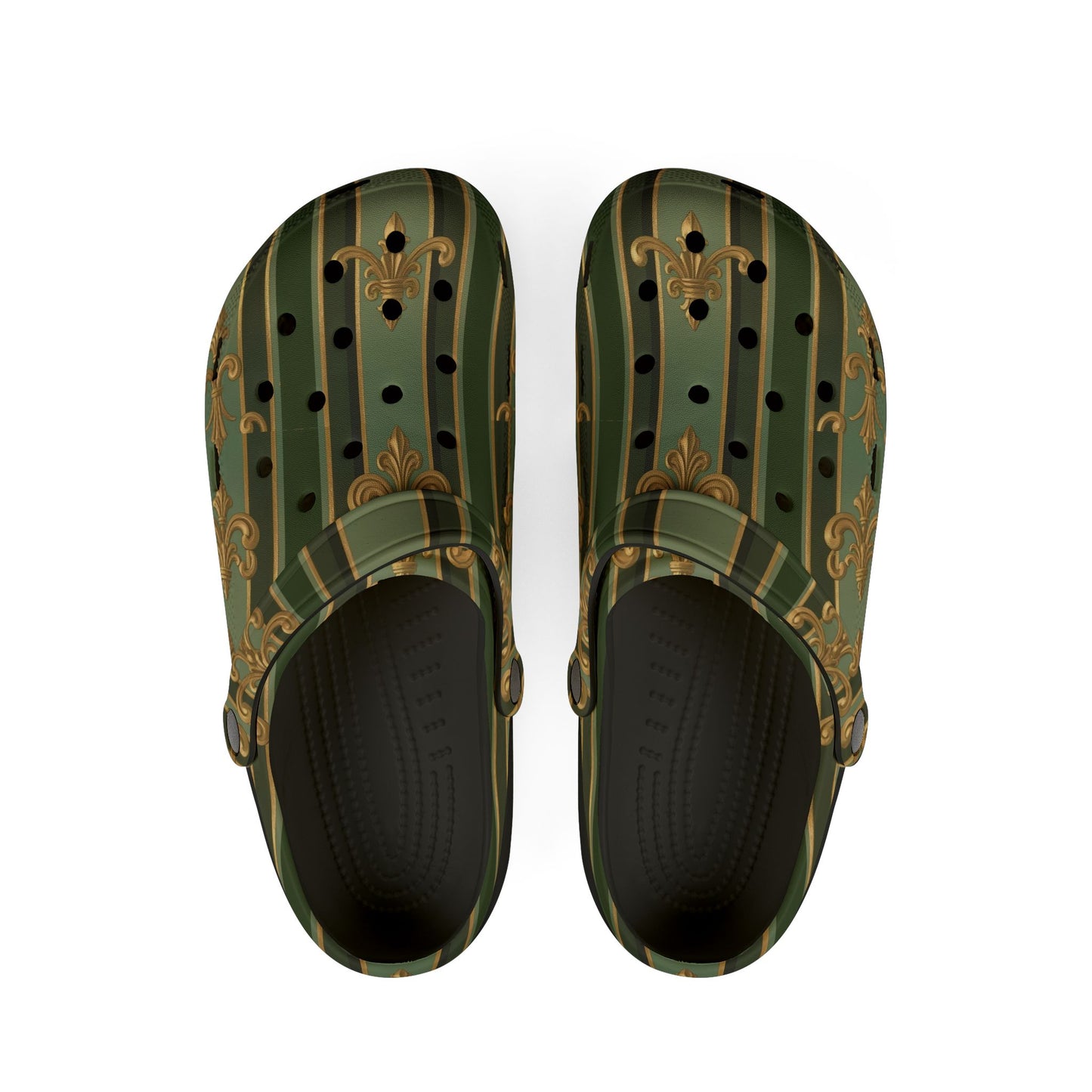 Stylish AOP EVA Foam Clogs, Trendy Foam Shoes for Comfort, Garden Sandals, Summer Outdoor Footwear - Green Striped Gold Baroque