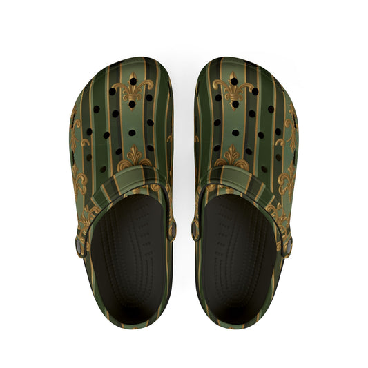 Stylish AOP EVA Foam Clogs, Trendy Foam Shoes for Comfort, Garden Sandals, Summer Outdoor Footwear - Green Striped Gold Baroque