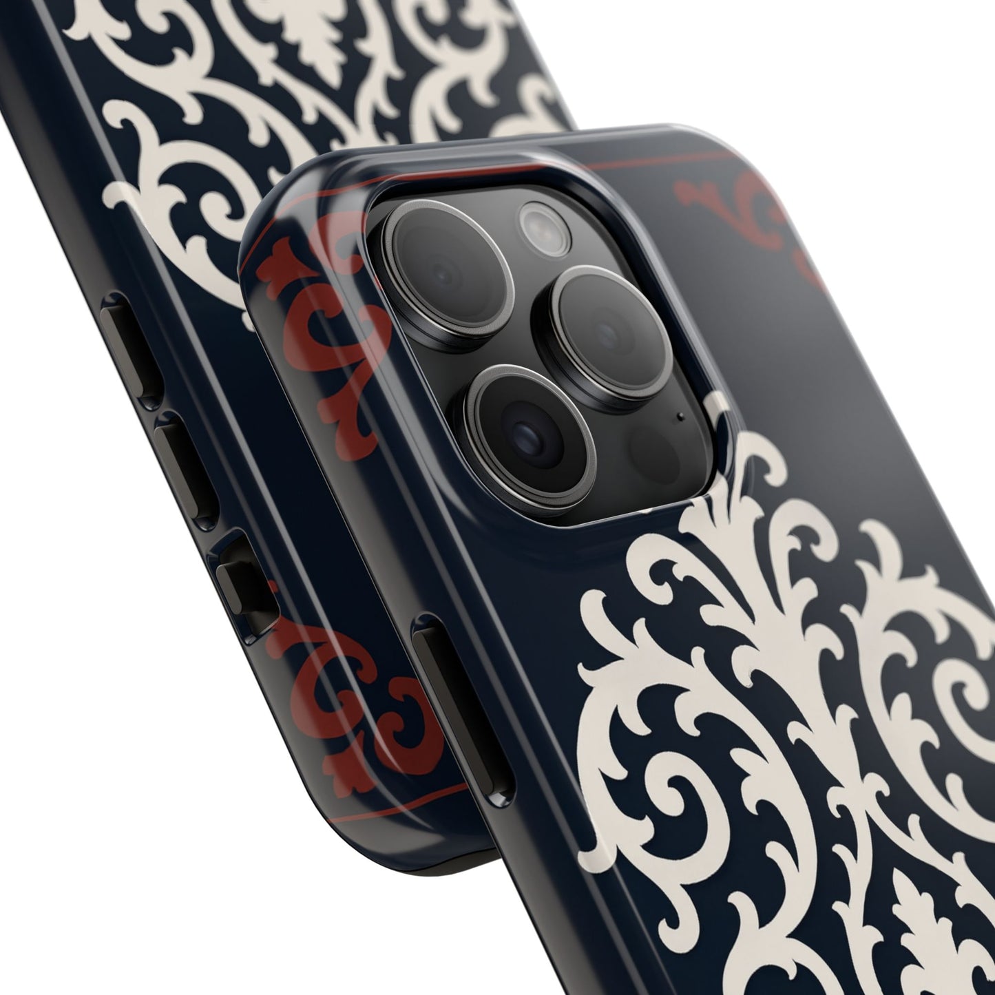 Dusk Blue-Maroon & White Baroque Tough Phone Case — Vintage Scroll Design