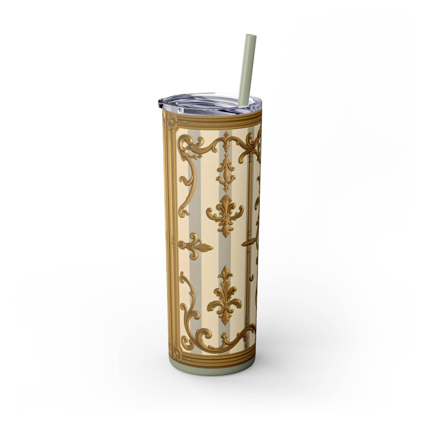 Elegant Vintage Skinny Tumbler with Straw, 20oz - Golden Baroque Design for Weddings, Parties - Matte Gray & Cream Striped Gold Baroque