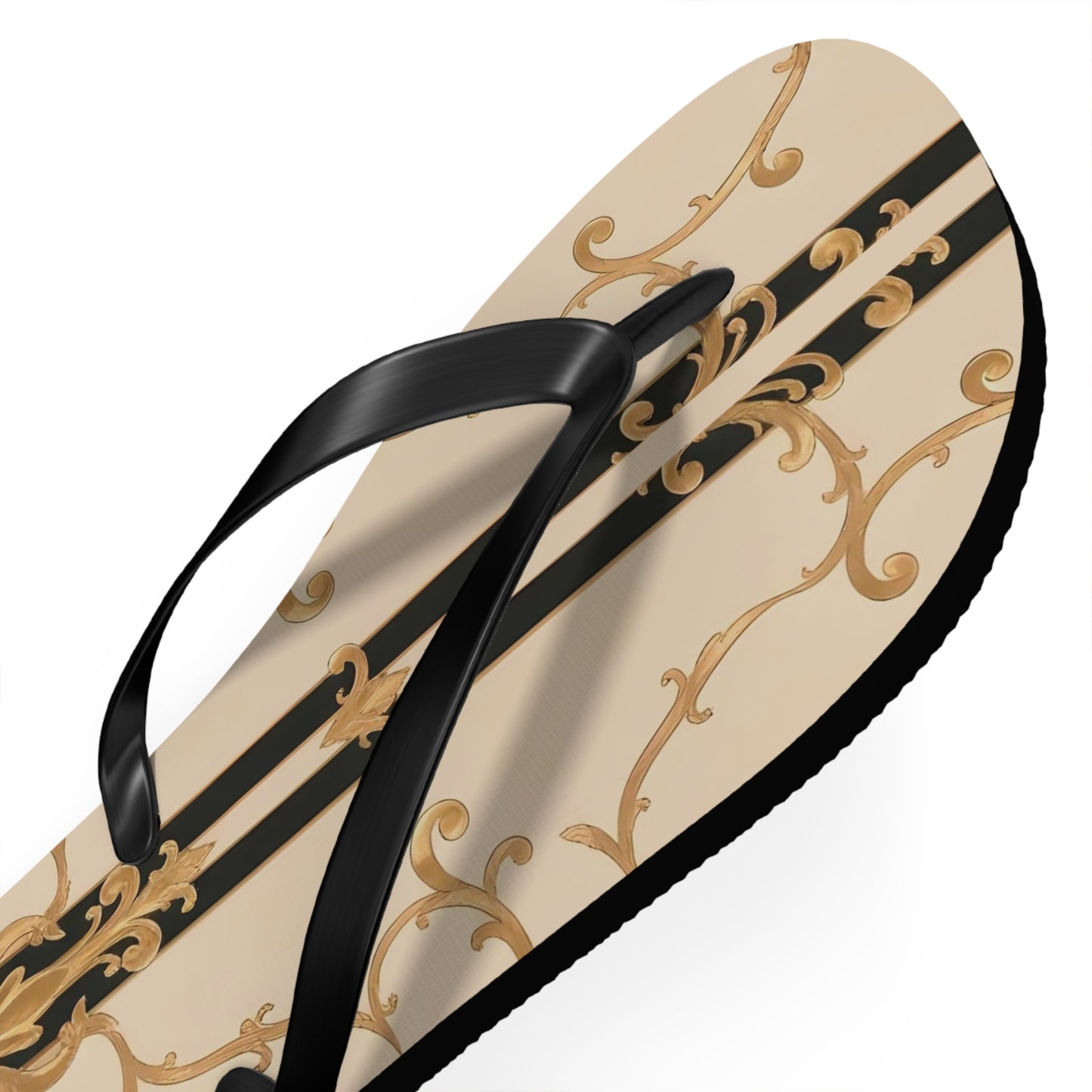 Chic Floral Flip Flops | Stylish Summer Sandals for Beach, Pool, Vacation, Travel, Fun In The Sun - Black & Beige Striped Damask