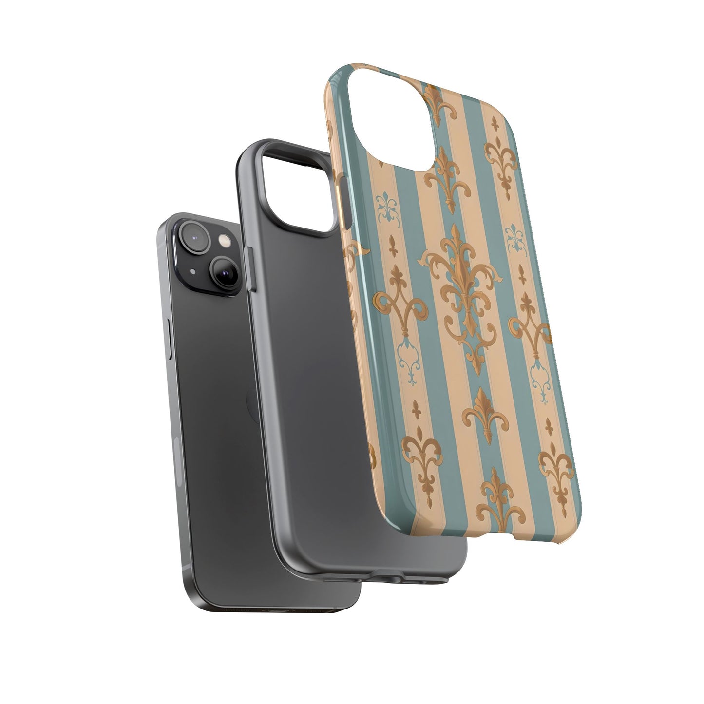 Elegant Floral Motif Phone Case - Tough Cases with Vintage Design -  Beige & Sky Blue Striped Gold Damask