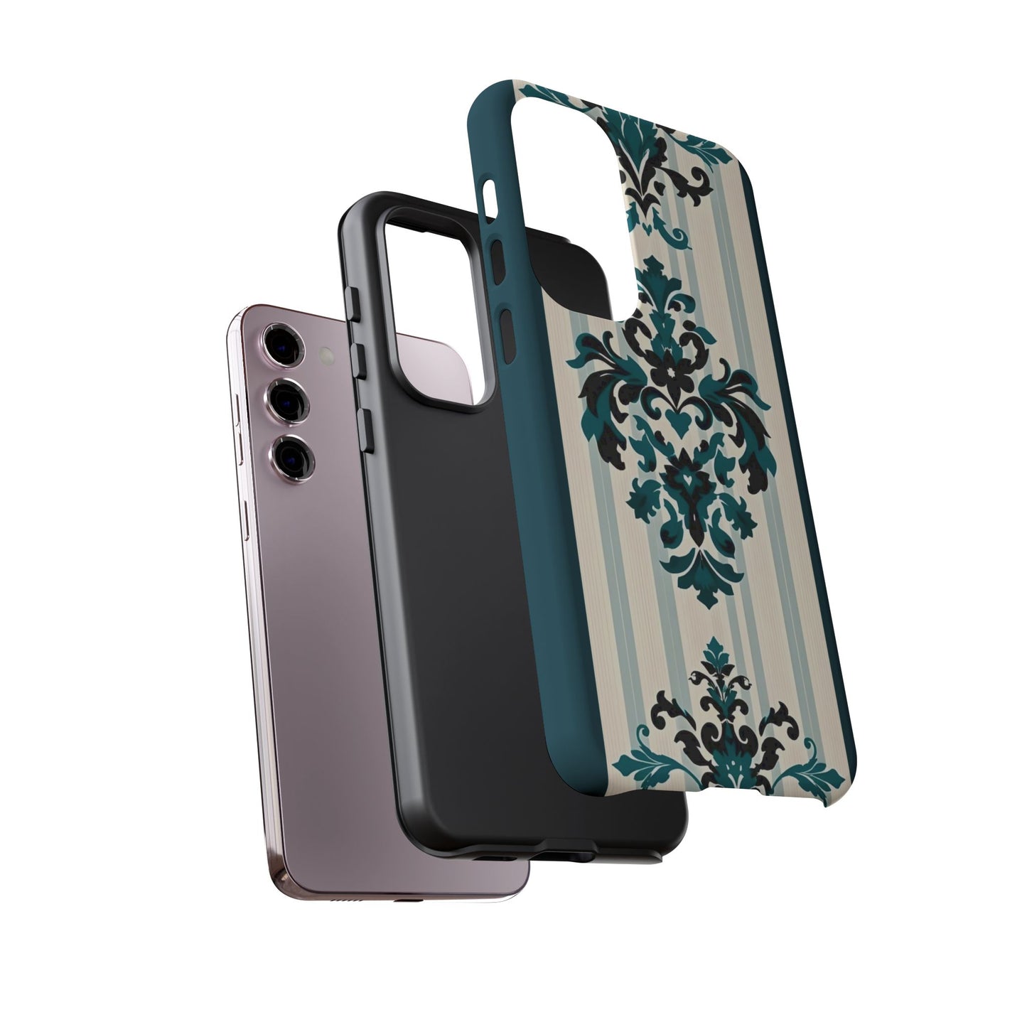 Elegant Floral Phone Case - Tough Cases with Vintage Design - Teal Striped Damask