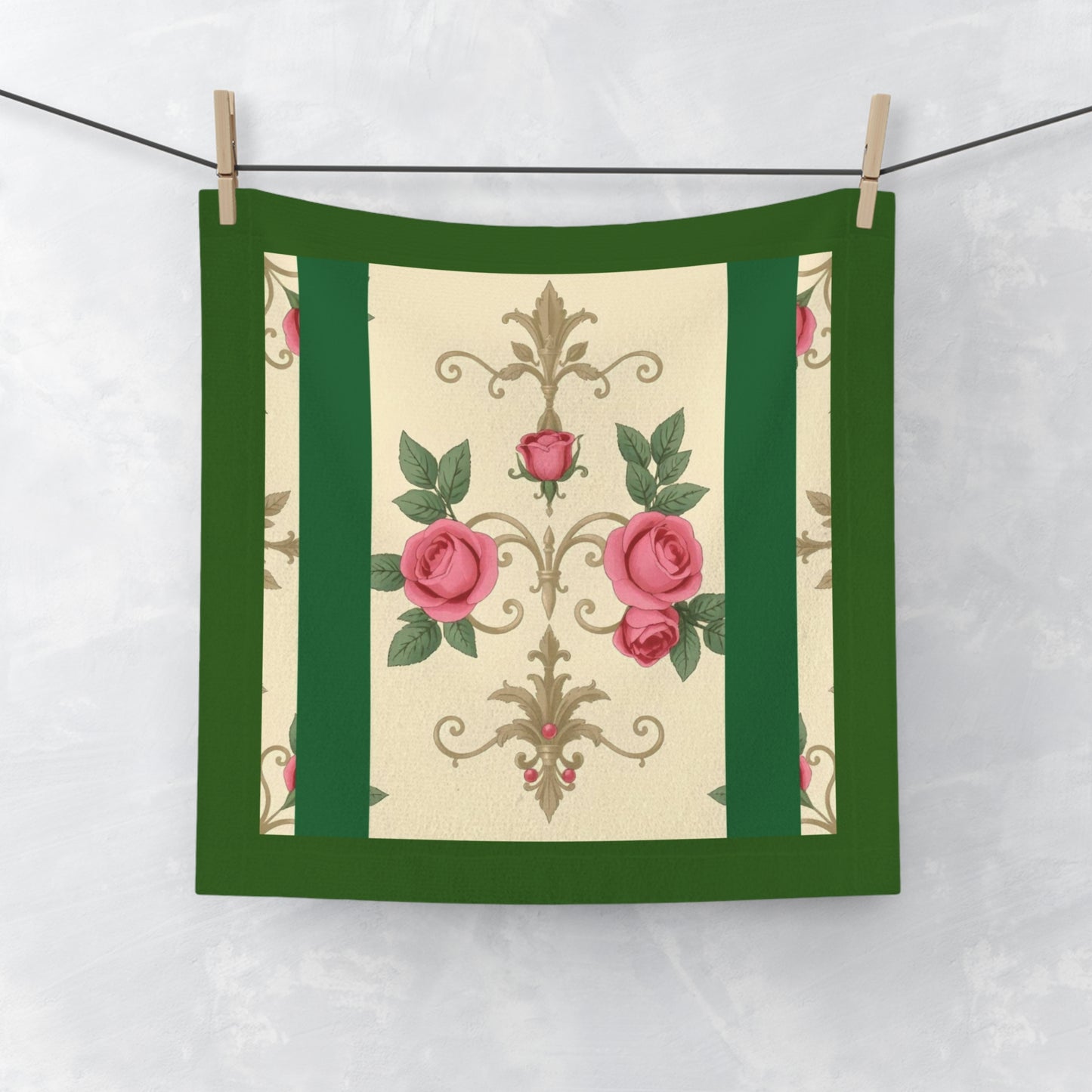 Elegant Vintage Face Towel – Luxurious Gold Pattern for Home & Spa - Green Border Roses & Damask
