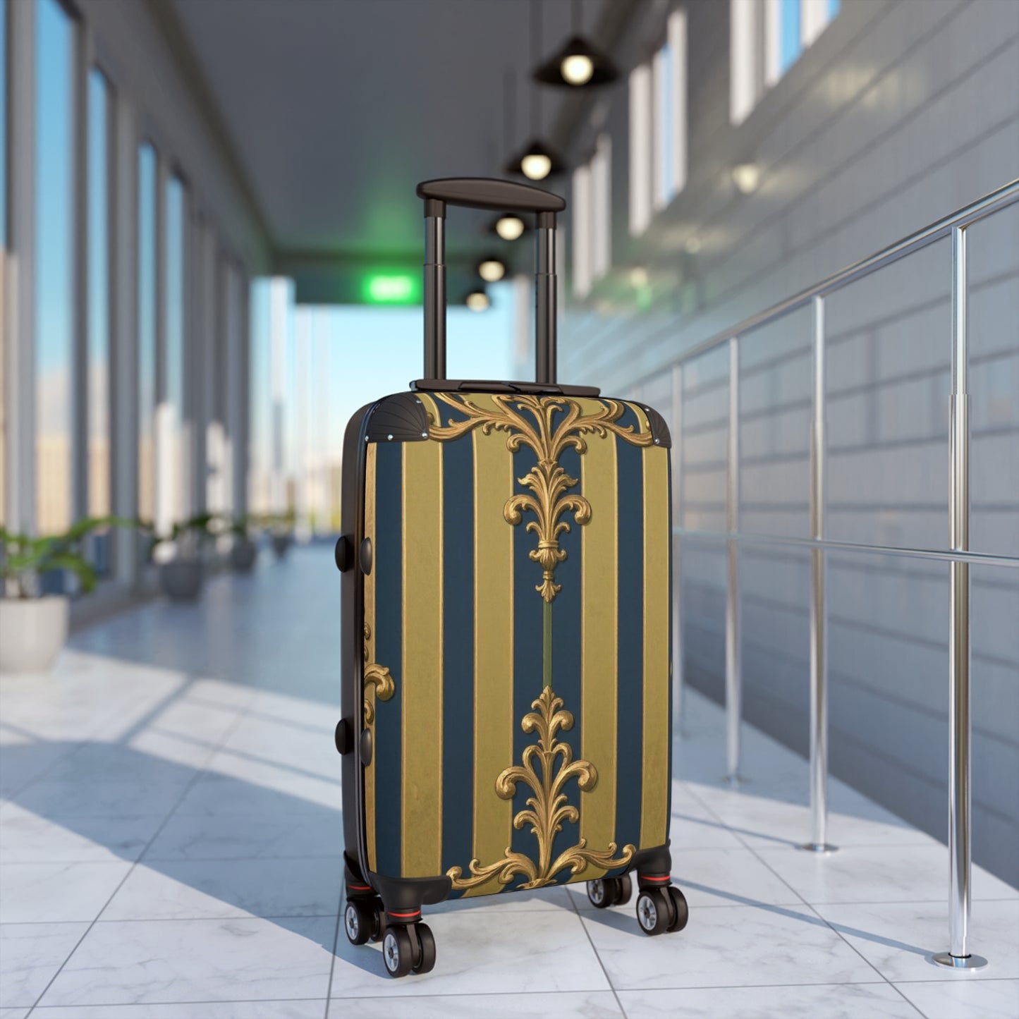 Elegant Midnight Blue & Olive Striped Gold Baroque Travel Suitcase, Chic Luggage for Stylish Travelers, Fashionable Overnight Bag, Luxury Baggage