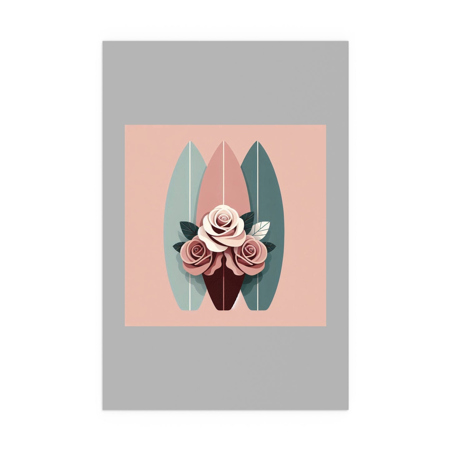 Elegant Floral Silk Poster - Indoor/Outdoor Wall Art for Home Decor - Burgundy, Matte Mauve & Teal Surfboard & Roses