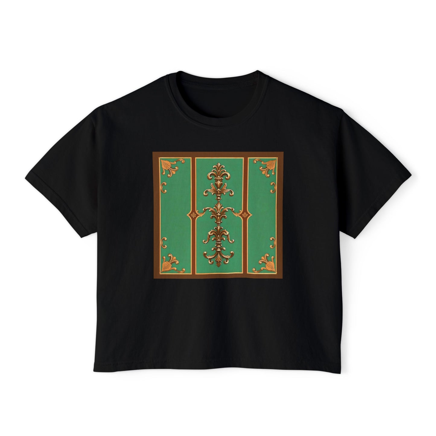 Elegant Vintage Floral Women's Boxy Tee - Trendy Casual Shirt for All Occasions - Rust & Green Striped Baroque