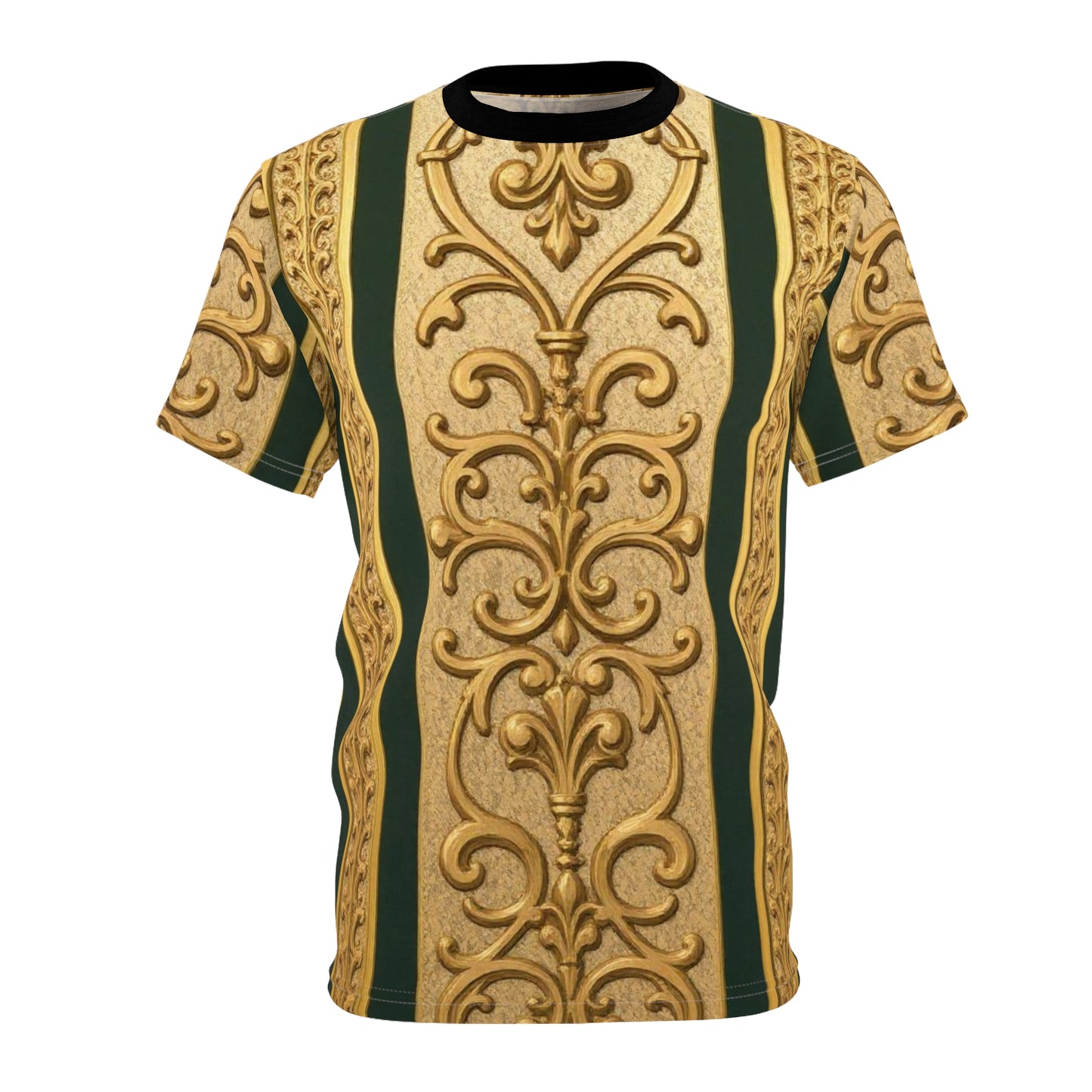 Elegant Teal Striped Gold Baroque Ornate Unisex Tee, Boho Chic Shirt, Gift for Art Lovers, Unique Art Top, Fashion Statement Tee