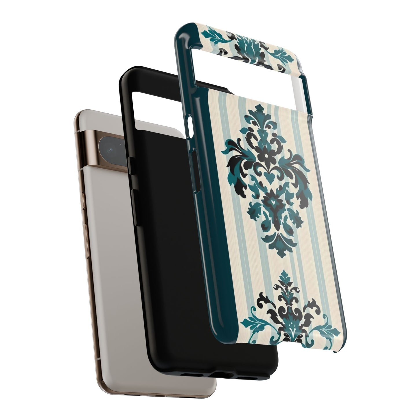 Elegant Floral Phone Case - Tough Cases with Vintage Design - Teal Striped Damask