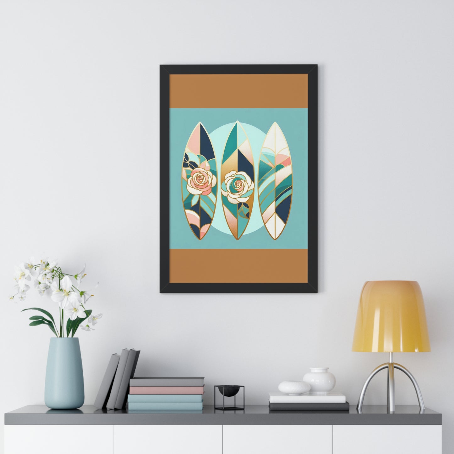 Vertical Poster - Blue, Pink & Aqua Surfboard & Roses Wall Art