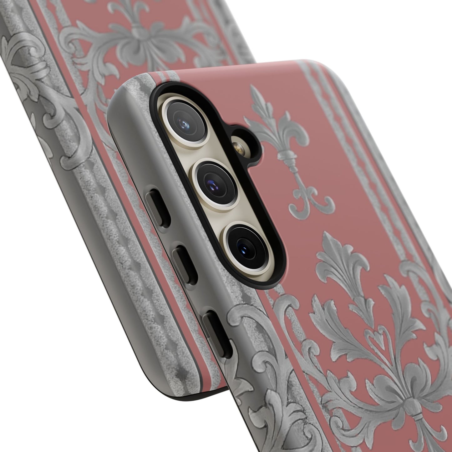 Elegant Floral Phone Case - Tough Cases for Stylish Protection - Gray & Mauve Striped Baroque
