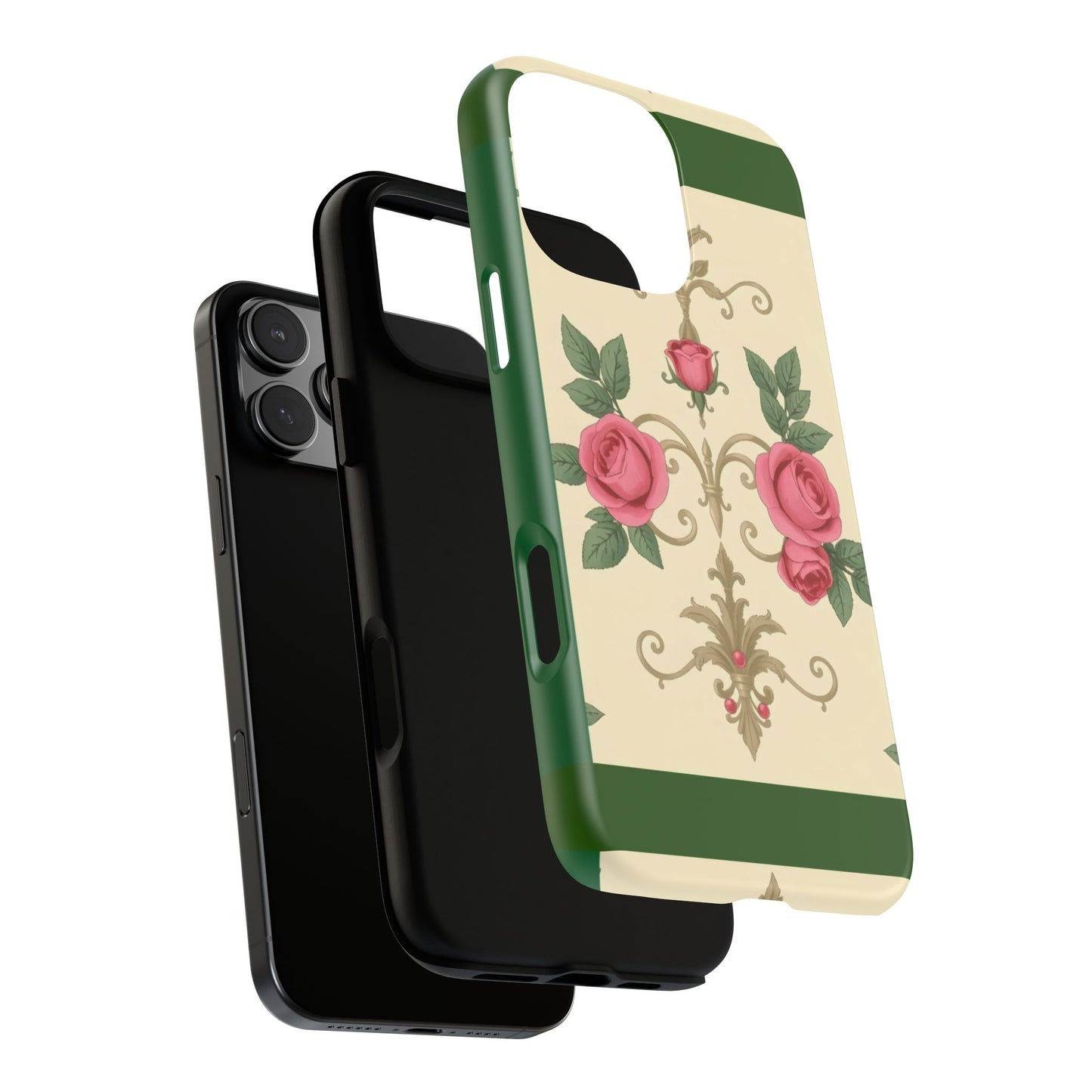 Elegant Floral Motif Phone Case - Tough Cases with Vintage Design - Green Border Roses & Damask