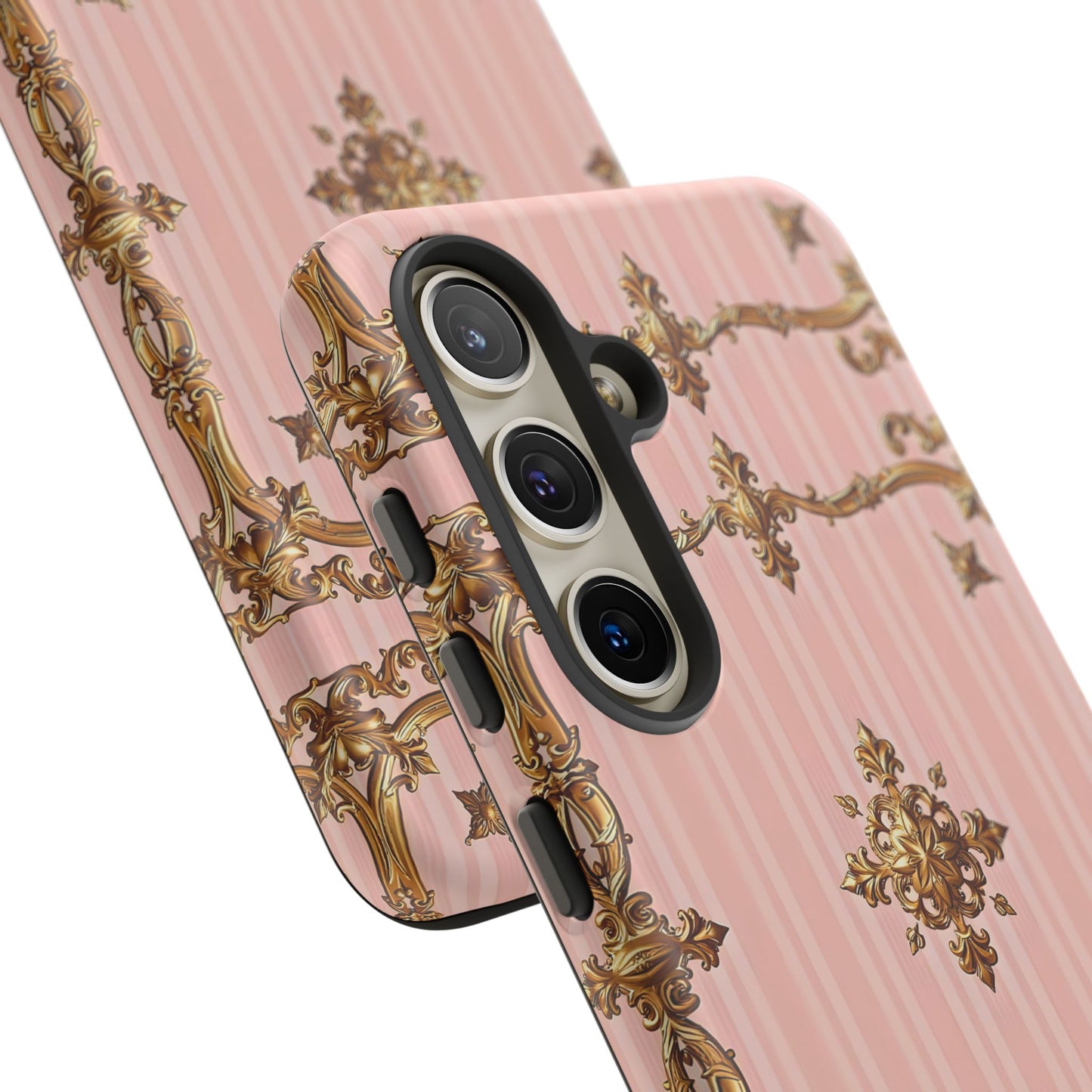 Elegant Floral Phone Case, Tough Cases for Women, Trendy Phone Cover, Chic Gift - Pink Striped Gold Baroque