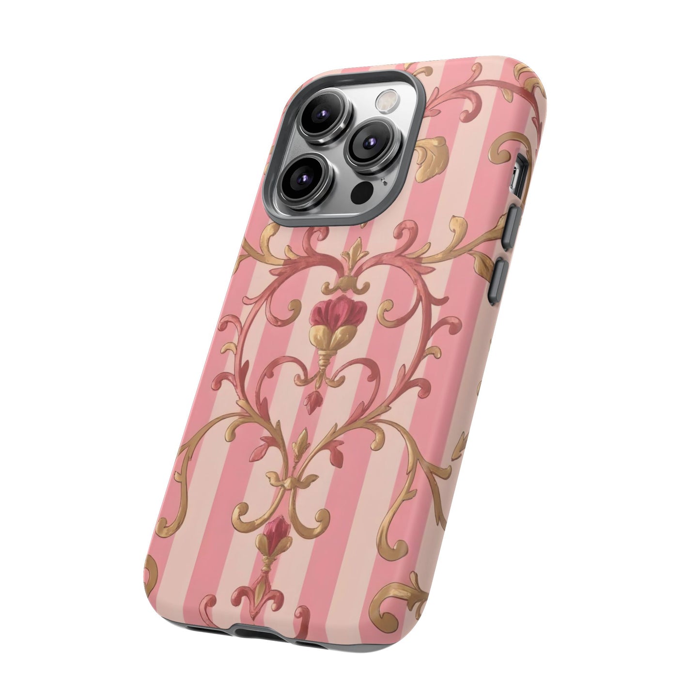 Elegant Floral Motif Phone Case - Tough Cases with Vintage Design - Pink Striped Rose Gold Damask