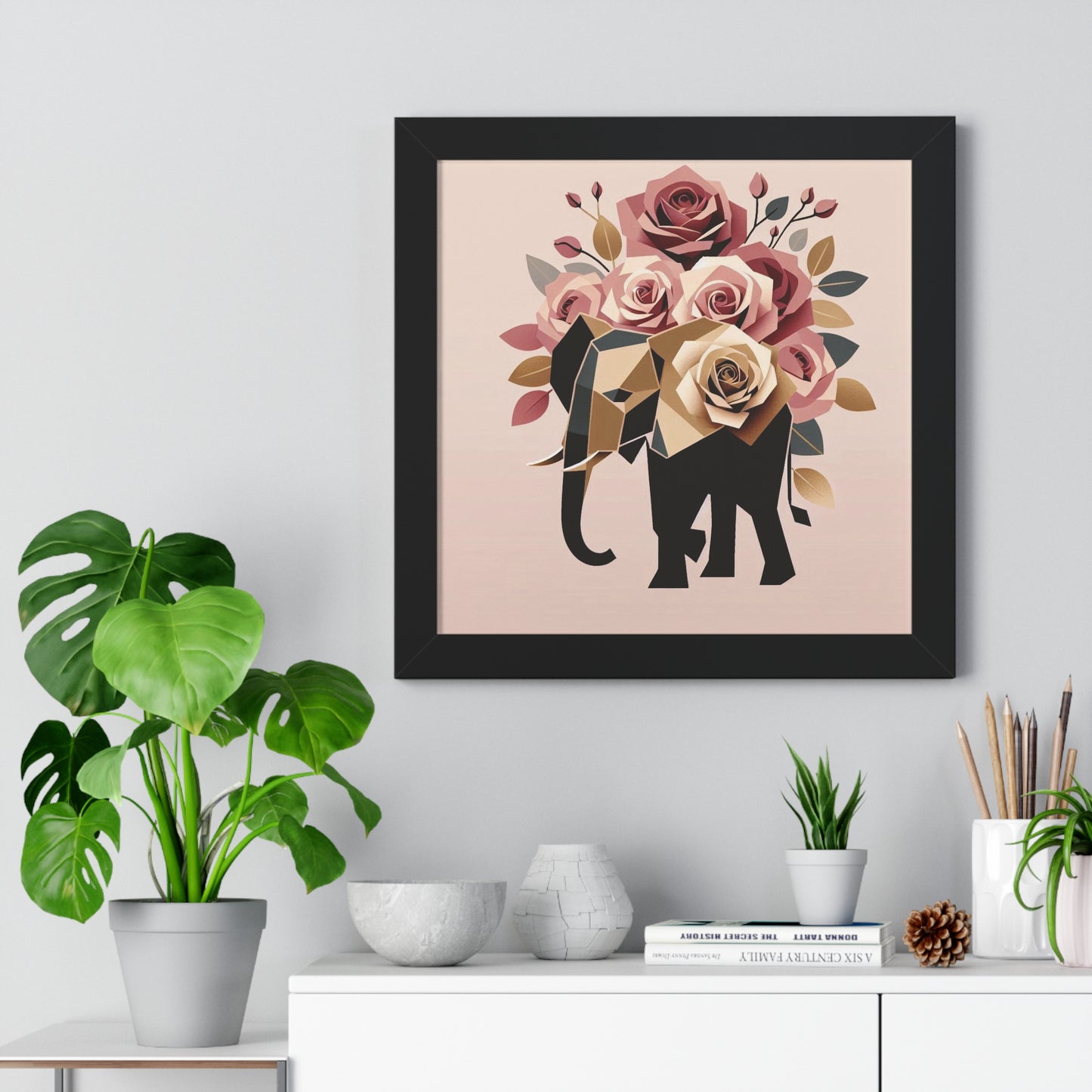 Vertical Poster - Black & Gold Elephant & Roses Wall Art