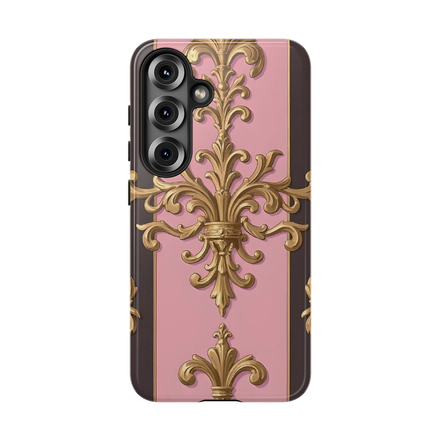 Elegant Floral Motif Phone Case - Tough Cases with Vintage Design - Pink & Brown Striped Gold Damask