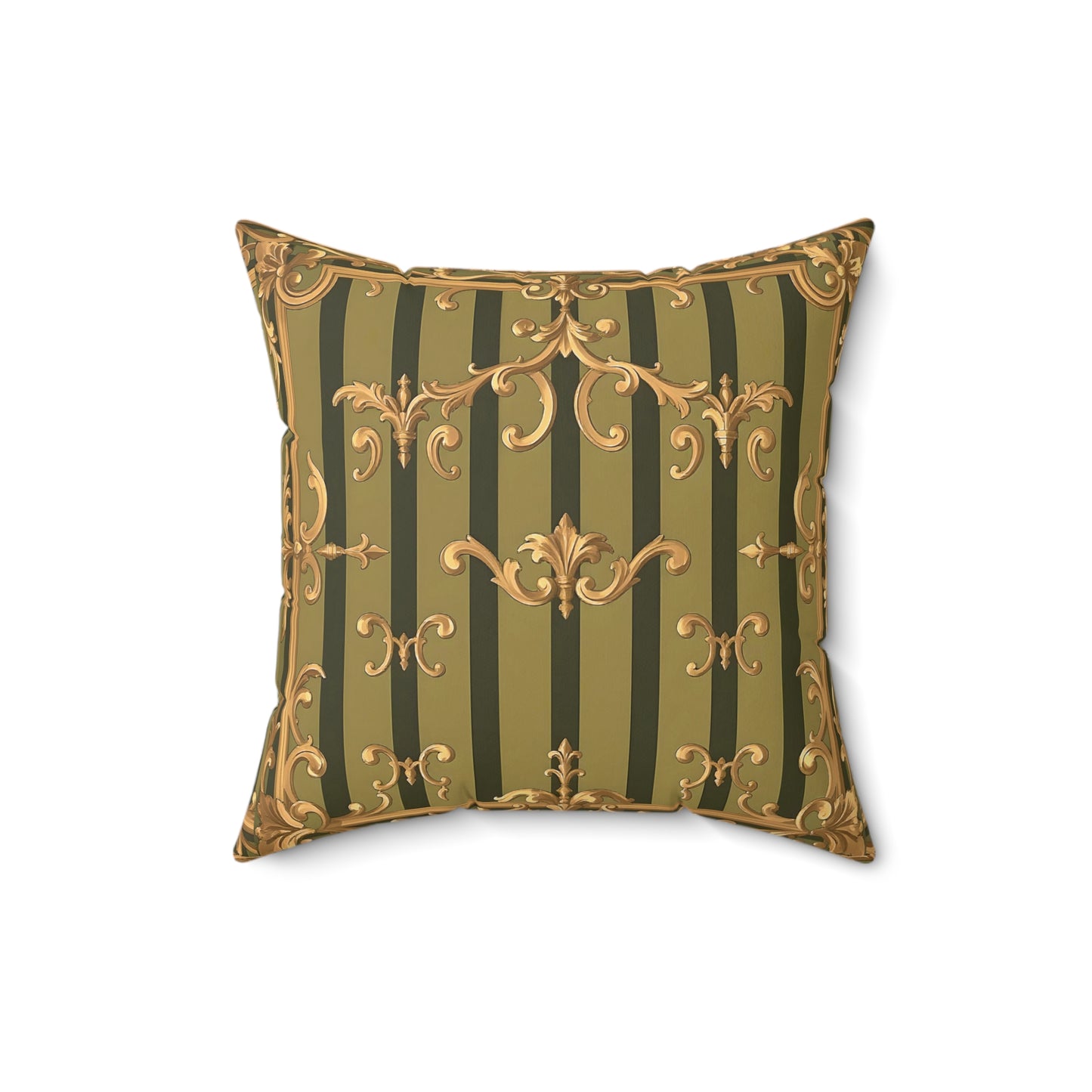 Elegant Faux Suede Square Pillow with Antique Gold Pattern, Decorative Cushion for Home Decor - Olive Green Striped Rococo