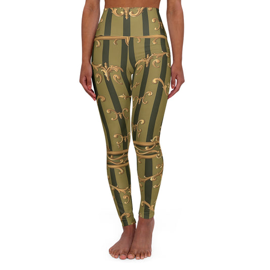 Chic High Waisted Yoga Leggings - Stylish Activewear for Fitness, Yoga, Pilates, Dance, Trendy Athleisure - Olive Green Striped Rococo