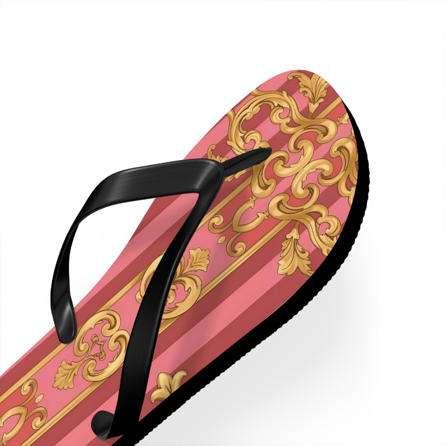 Elegant Floral Flip Flops, Summer Sandals, Beach Accessories, Vacation Footwear, Stylish Slip-Ons - Pink Striped Gold Baroque