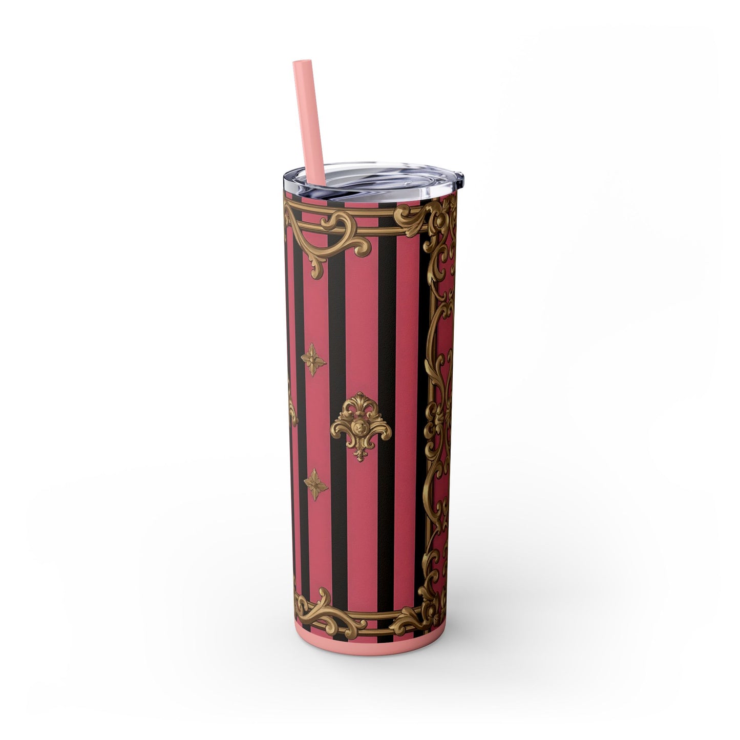 Elegant Pink Striped Skinny Tumbler with Straw, 20oz, Stylish Drinkware, Custom Gift Idea, Travel Mug, Wedding Gift - Pink Striped Gold Rococo