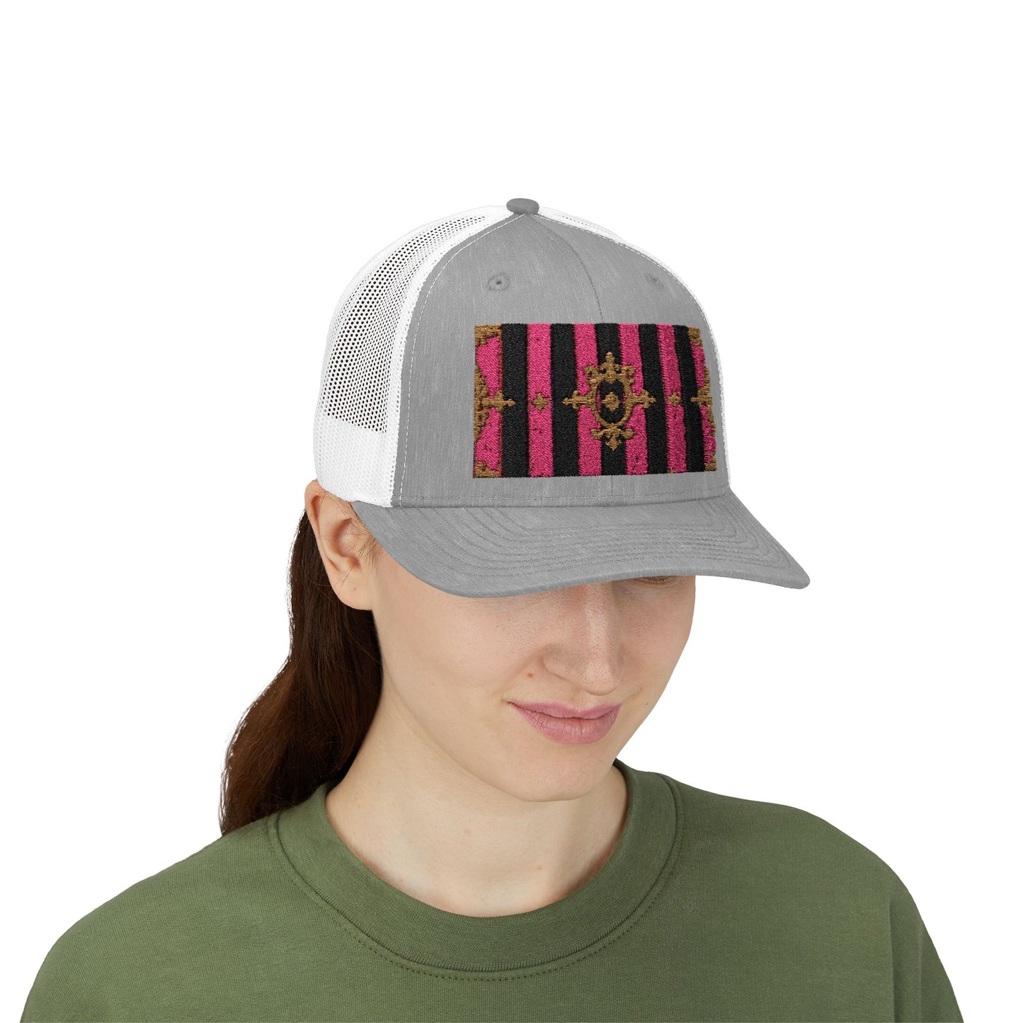 Stylish Snapback Trucker Cap with Black & Mauve Striped Gold Baroque, Trendy Fashion Hat, Perfect Gift for Him/Her