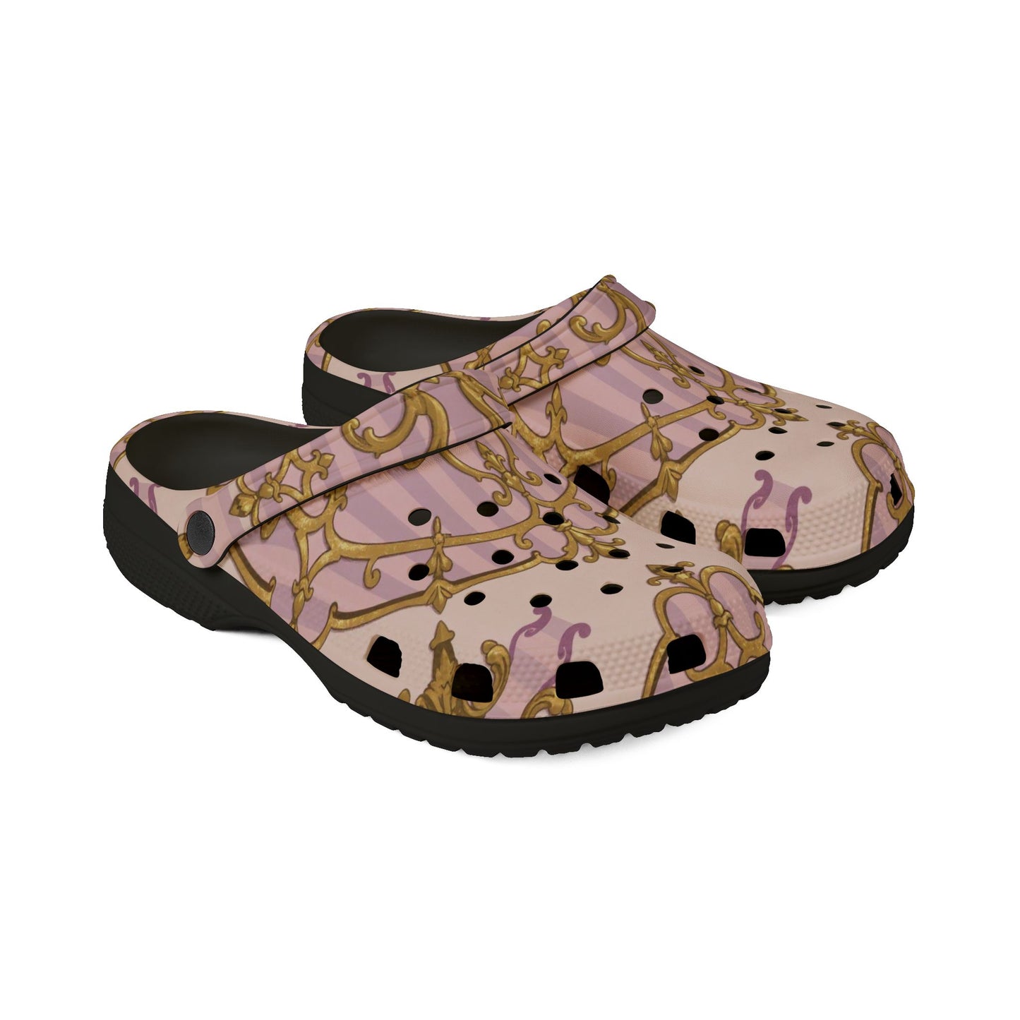 Chic Lavender & Alabaster Striped Gold Baroque Clogs for Comfort Lovers, Trendy Slip-On Shoes, Perfect for Home, or Casual Outings, Gift for Her