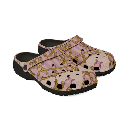 Chic Lavender & Alabaster Striped Gold Baroque Clogs for Comfort Lovers, Trendy Slip-On Shoes, Perfect for Home, or Casual Outings, Gift for Her