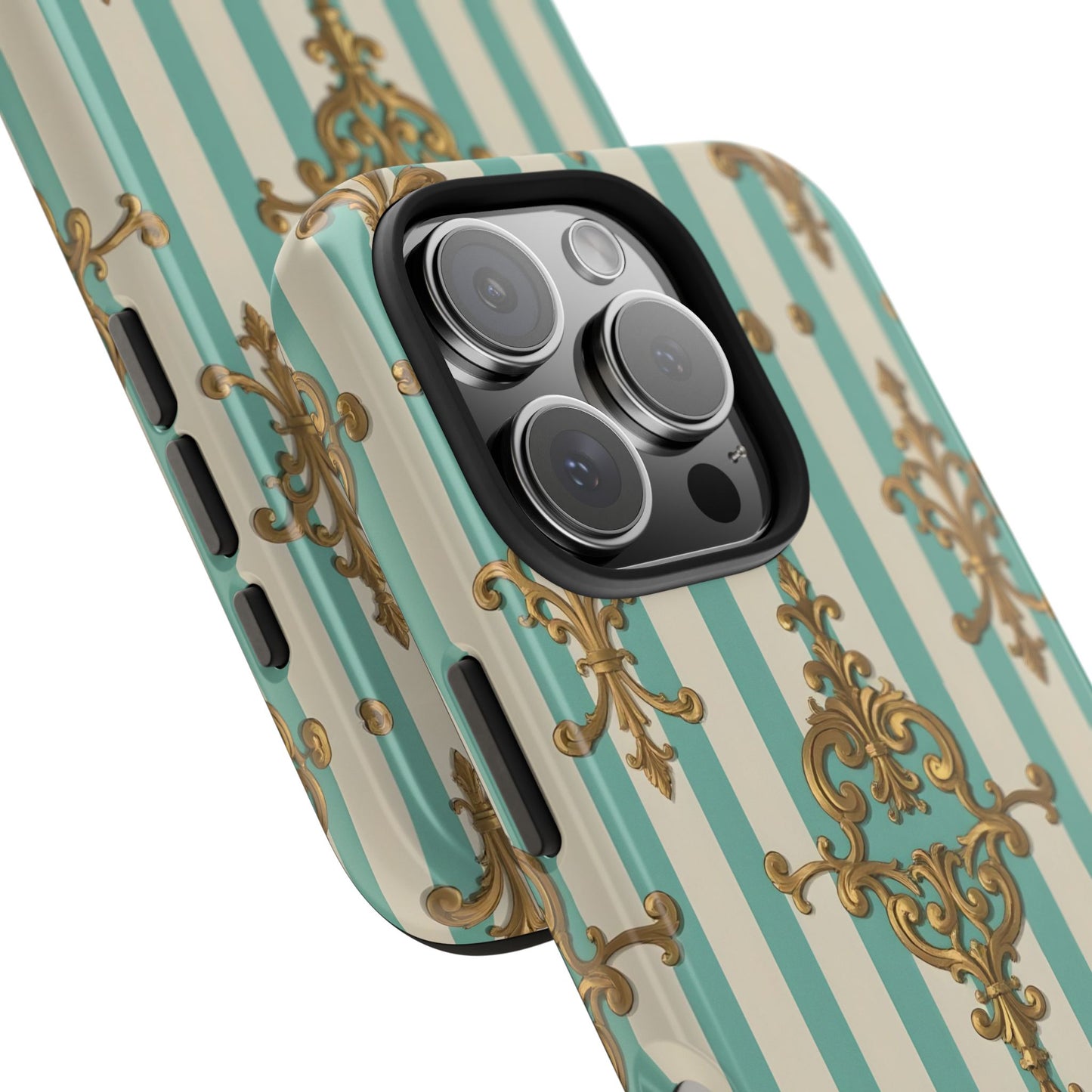 Elegant Striped Phone Case with Vintage Design, Tough Phone Cover, Stylish Smartphone Case - Matte Green Striped Rococo