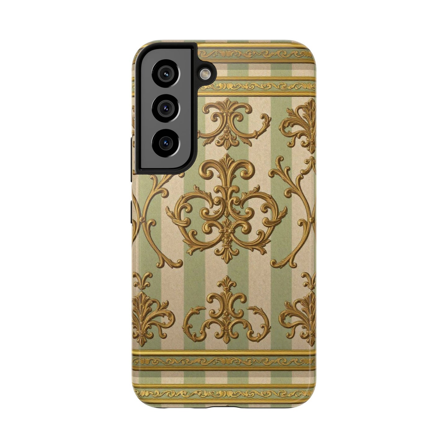 Vintage Elegance Phone Case, Tough Phone Cases for Style, Gift for Birthdays, Stylish Protection - Mint Green & Beige Striped Gold Baroque