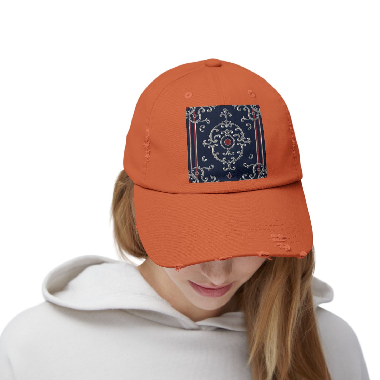 Stylish Unisex Distressed Cap with Ornate Design, Casual Hat for Outdoor Adventures, Beach Days - Blue & Red Silver Baroque
