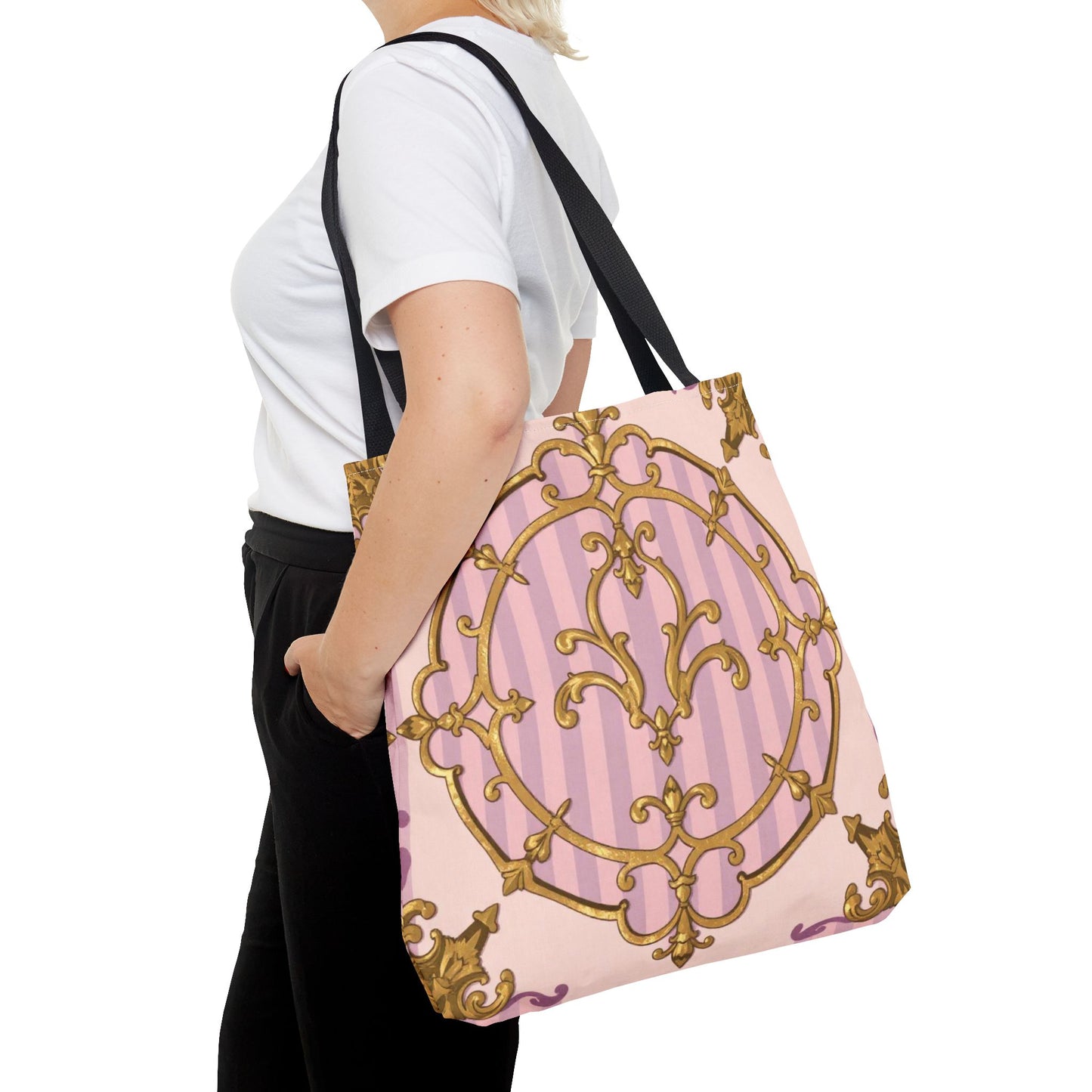 Elegant Lavender & Alabaster Striped Gold Baroque Tote Bag - Stylish Fabric Shopping Bag, Chic Purse, Gift for Her, Summer Outings