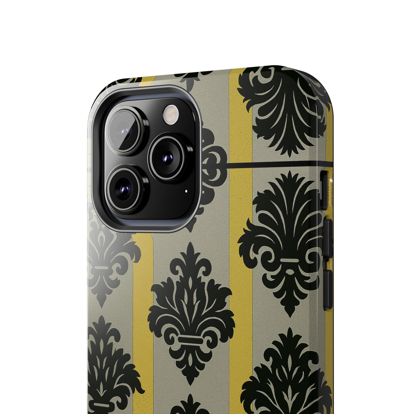 Elegant Baroque Tough Phone Cases | Chic Phone Protection | Gift for Her | Stylish Accessory | Holiday Gift Idea | Silver & Gold Striped Black Baroque