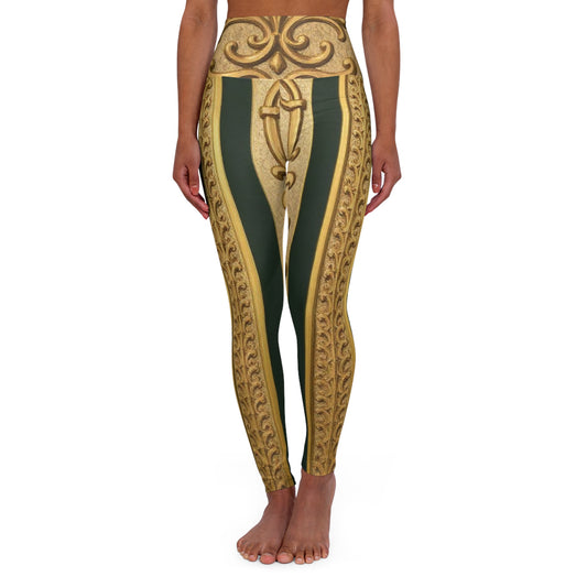 Ornate Teal Striped Gold Baroque High Waisted Yoga Leggings, Workout Pants, Activewear, Fitness Gear, Fashion Leggings, Gift for Yoga Lovers